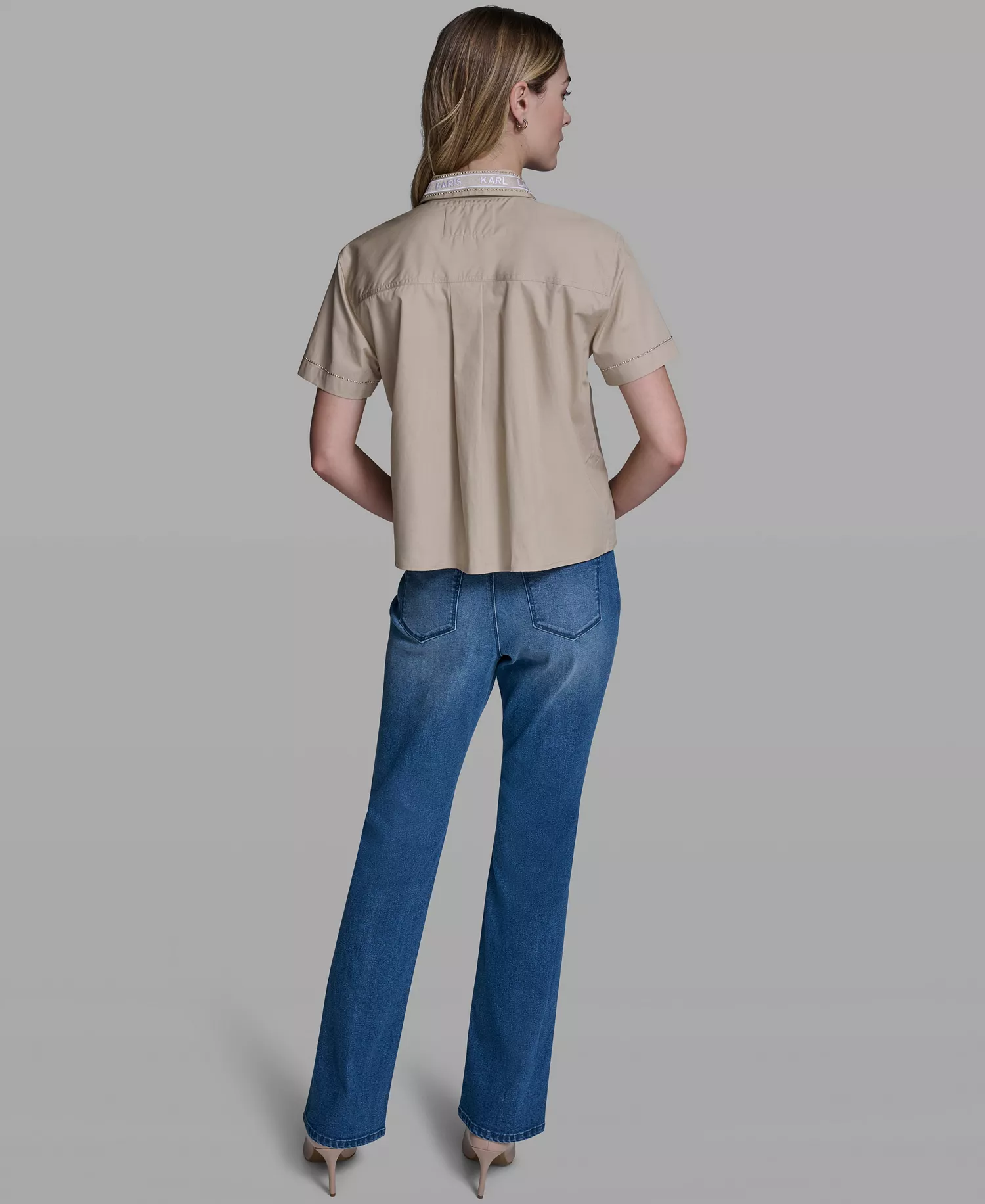 Women's Short-Sleeve KLP Embroidered-Collar Top - French Beige - L