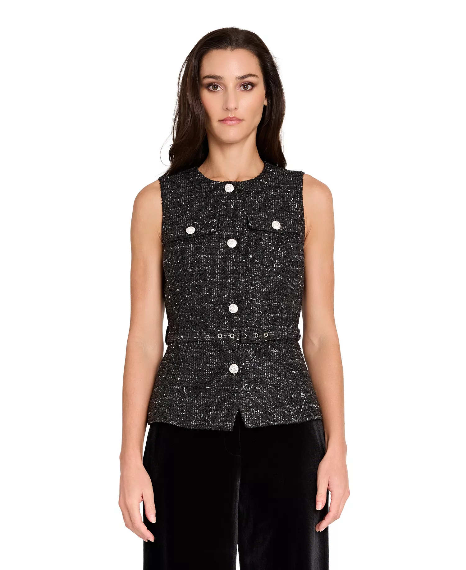 Women's Round Neck Button Front Rhinestone Trim Vest Top - Black Silver - 12