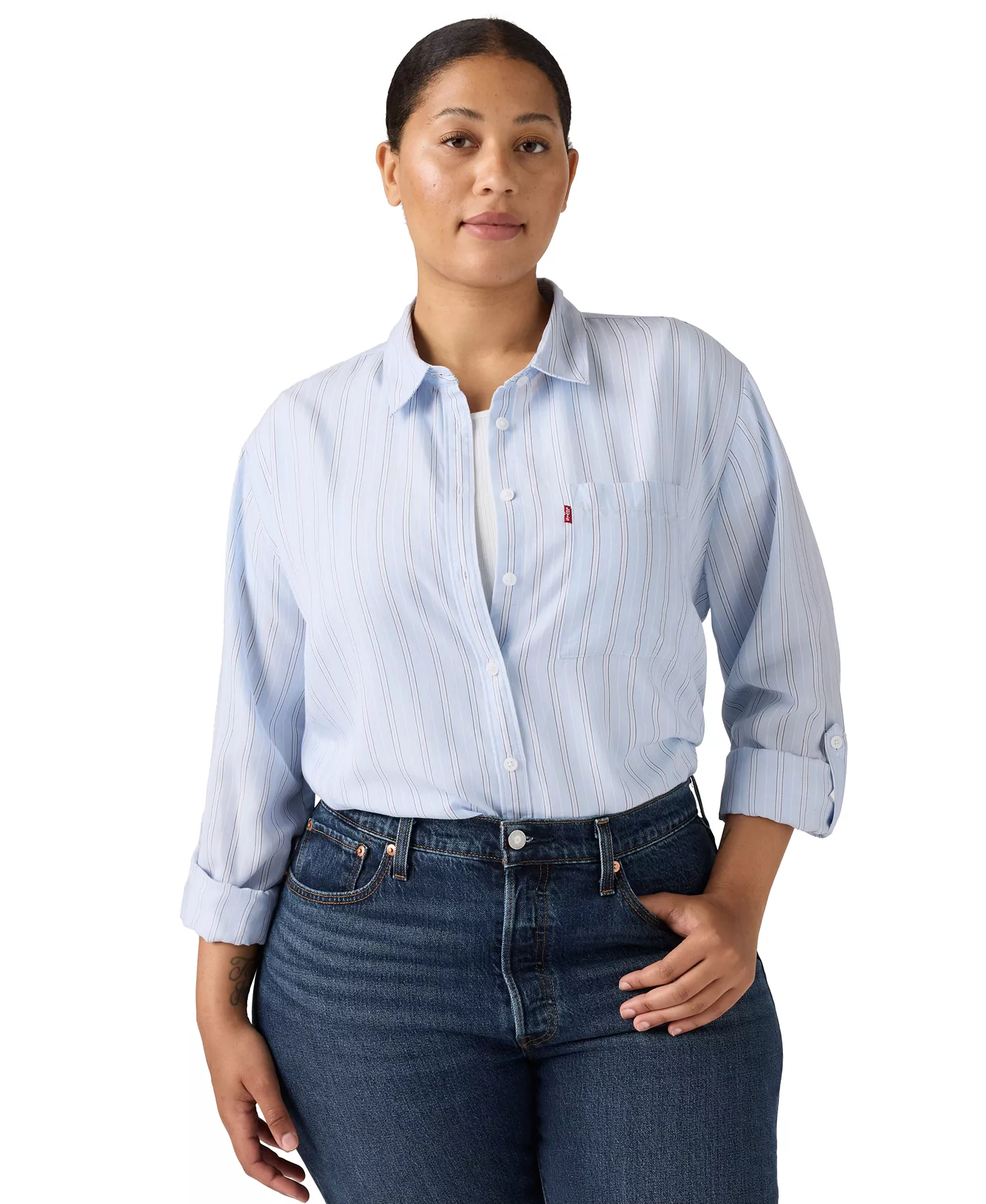 Plus Darlene Chikee Stripe Chambray Shirt - Chikee Stripe Chambray - 1X