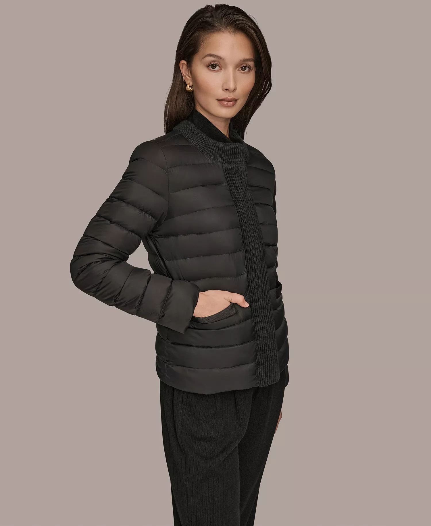 Women's Down Fill Packable Puffer Jacket with Sweater Trim Collar - Black - L