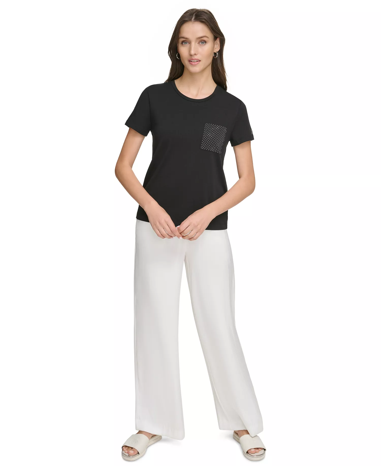 Women's Studded Pocket Short-Sleeve Shirt  - Black - L