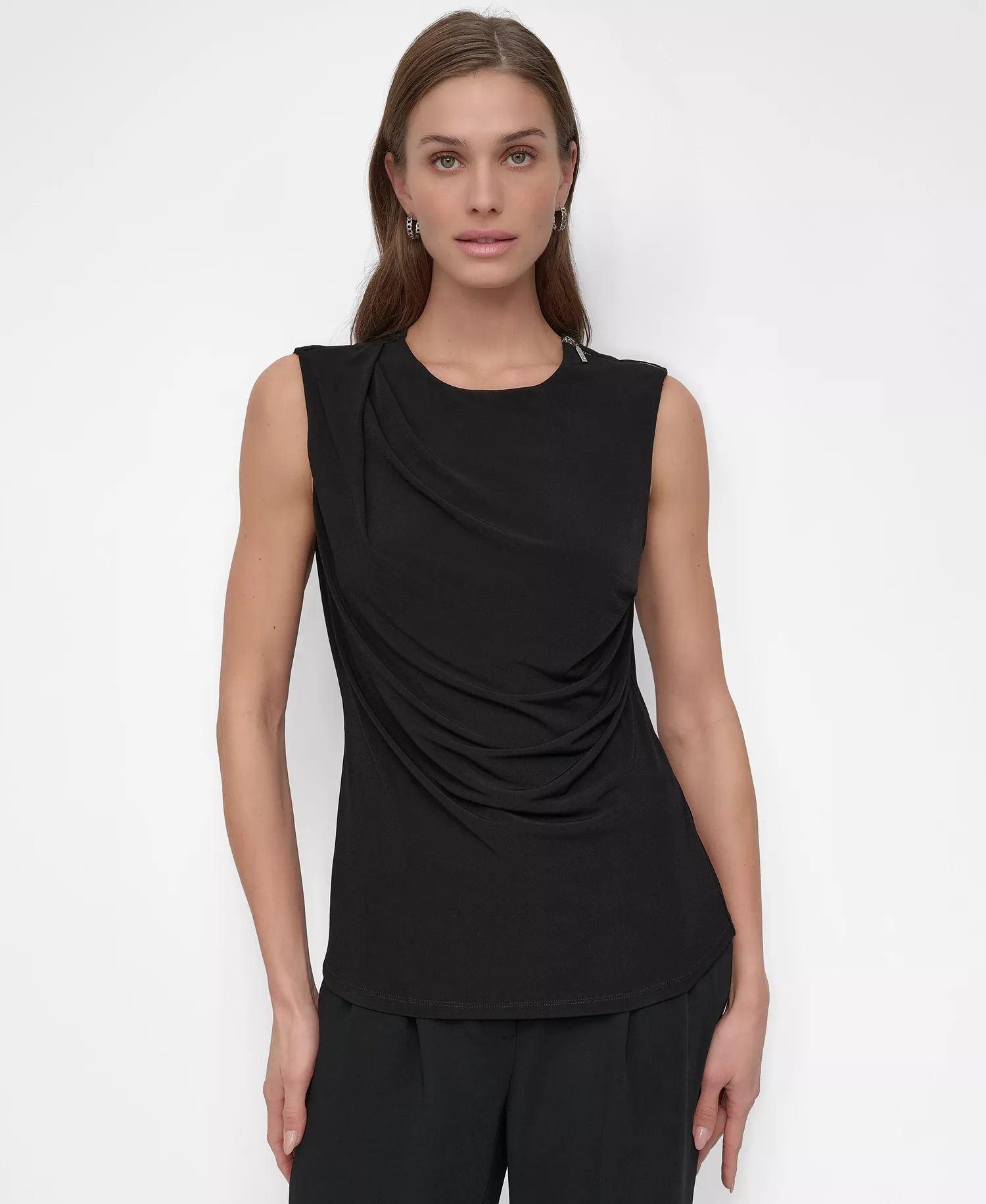 Petite Draped Sleeveless Top - Black - PL