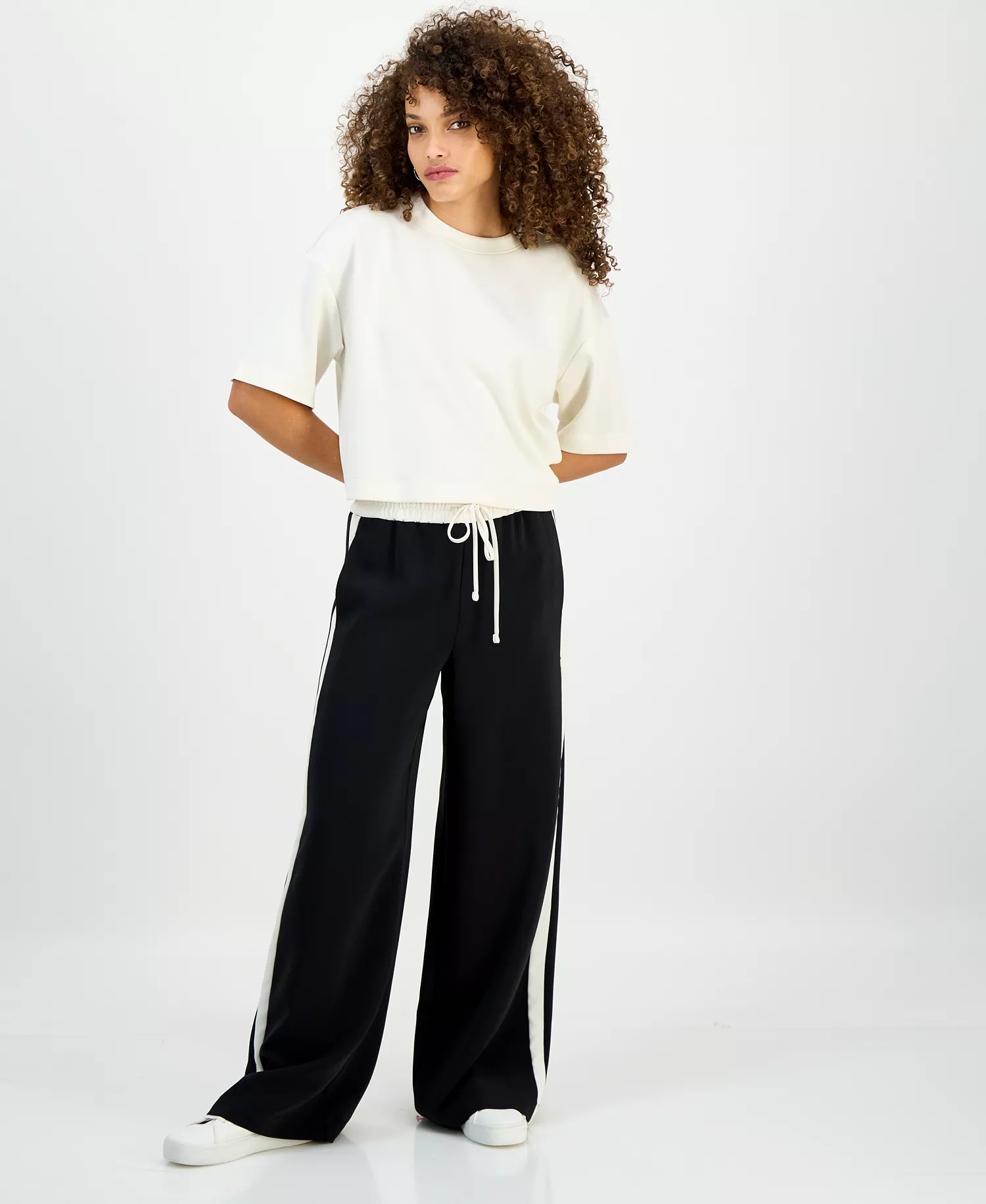 Petite Drawstring-Waist Side-Stripe Wide-Leg Pants, Macy's Exclusive - Deep Black - P/L
