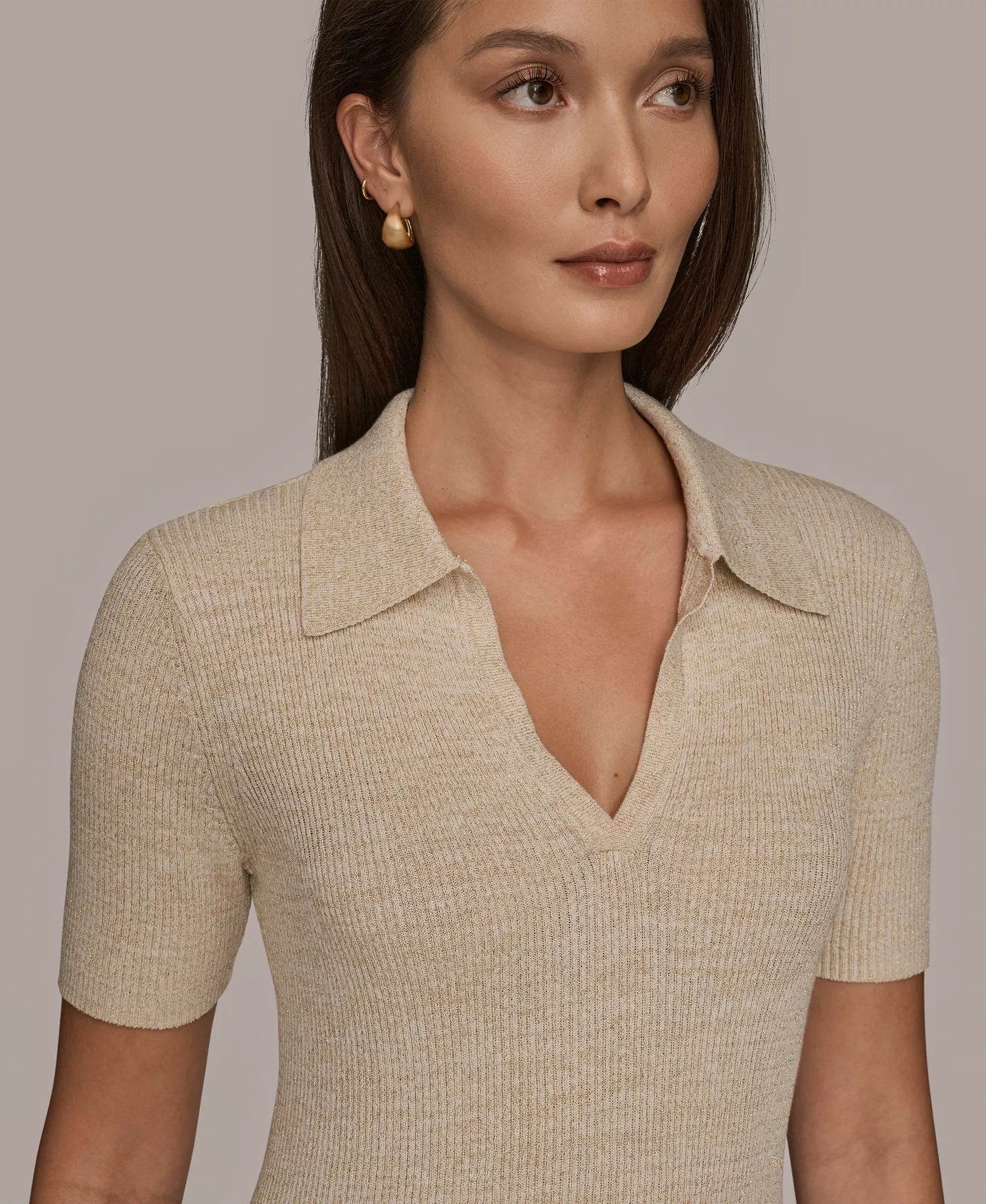 Women's Cotton Rib Elbow Sleeve Polo Sweater - Cream/gold - L