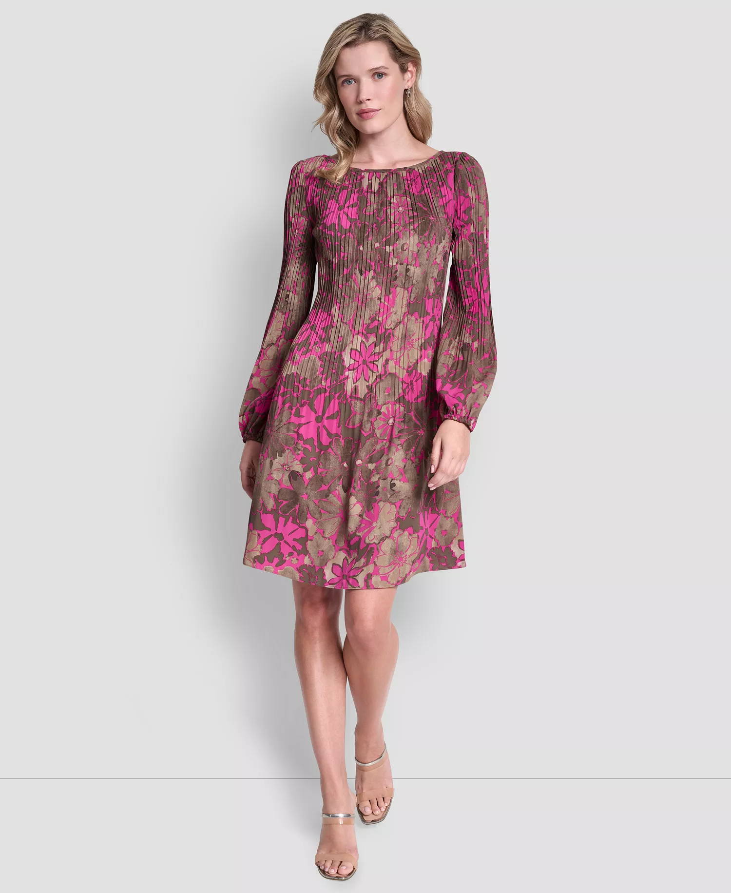 Women's Long-Sleeve Release Pleat Shift Dress - Dune Multi - 12
