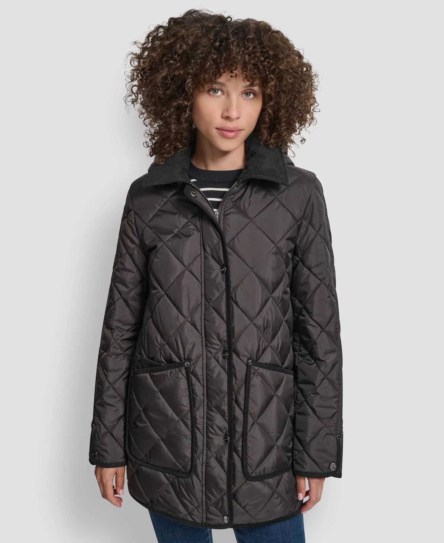 Women's Corduroy Collar Hooded Quilted Coat - Bitter - L