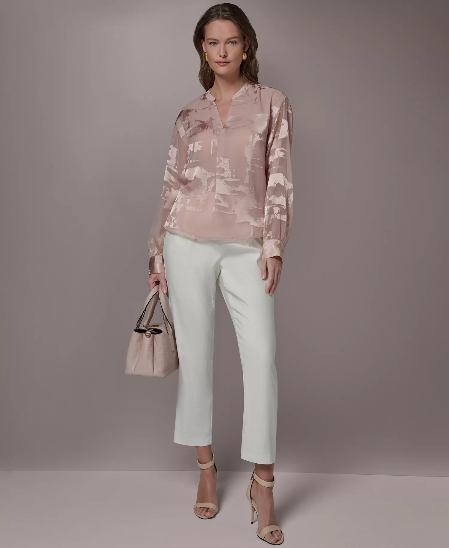 Women's Split V-Neck Long-Sleeve Top - Snow Petal - L