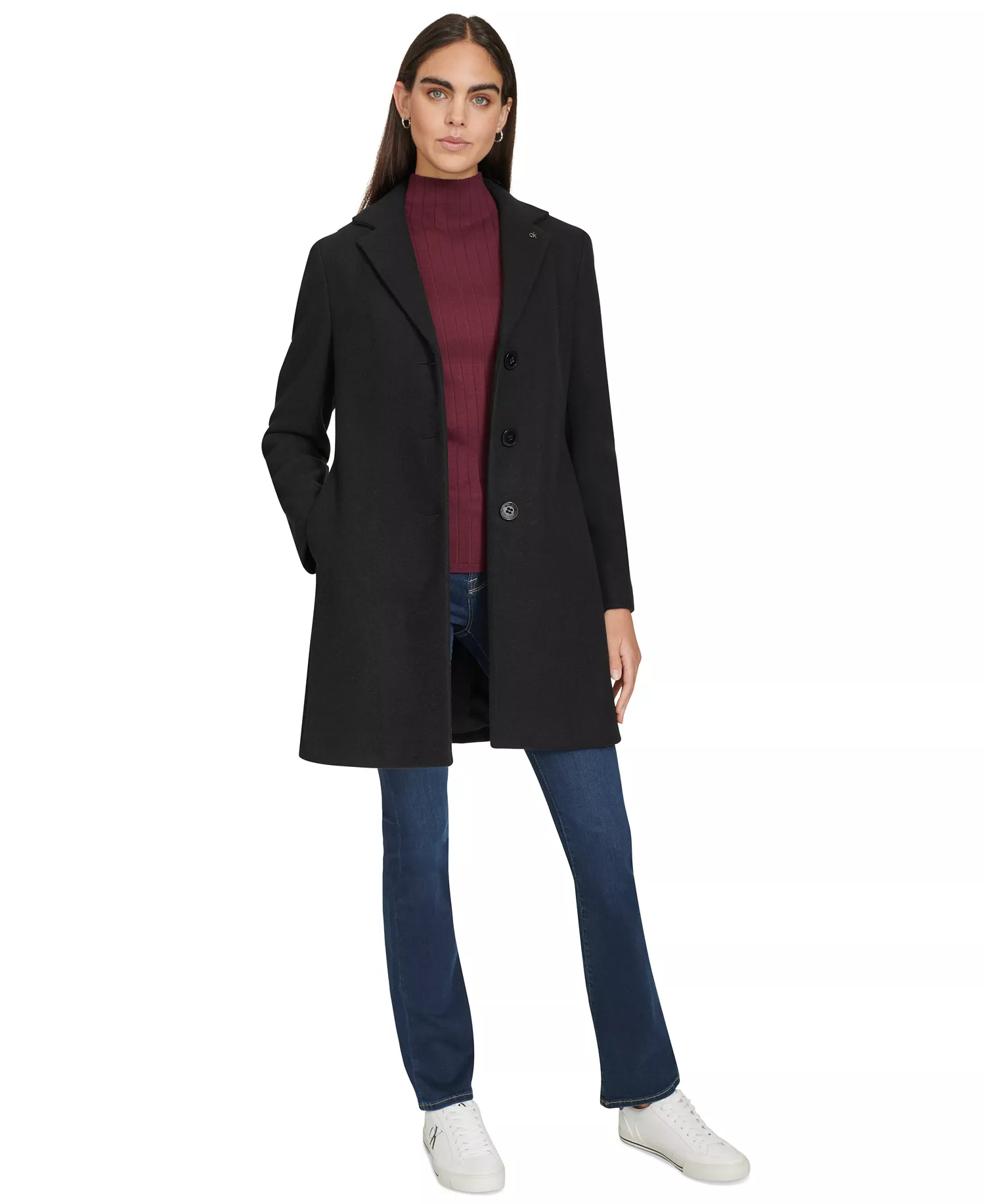 Women's Single-Breasted Notched-Collar Coat - Black - L