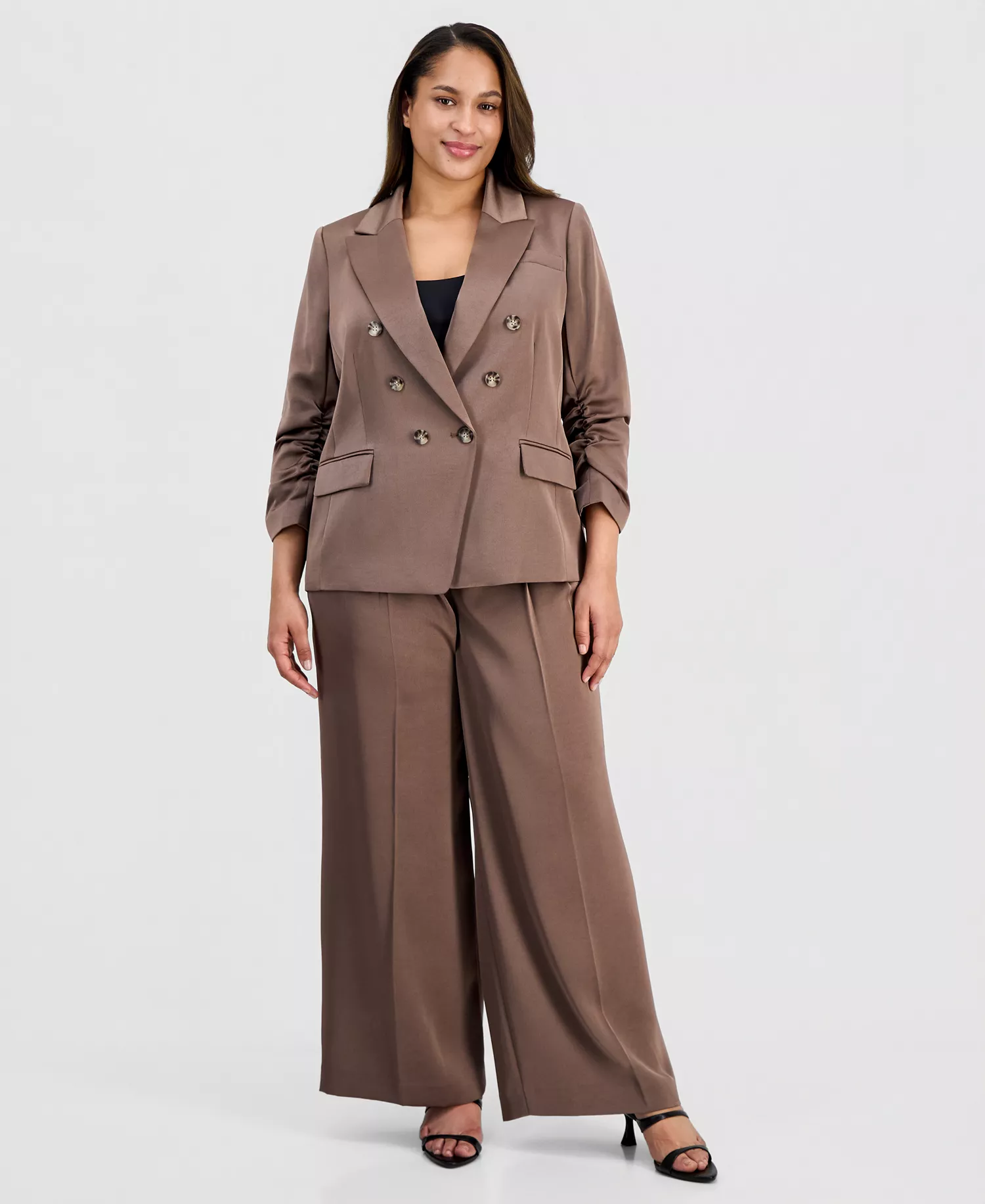 Plus Size Faux-Double-Breasted Satin Jacket  - Mocha - 14W