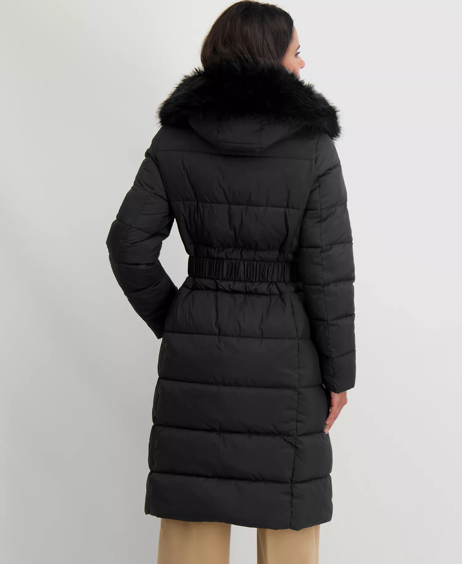 Women's Faux-Fur-Trim Hooded Belted Puffer Coat - Black - L