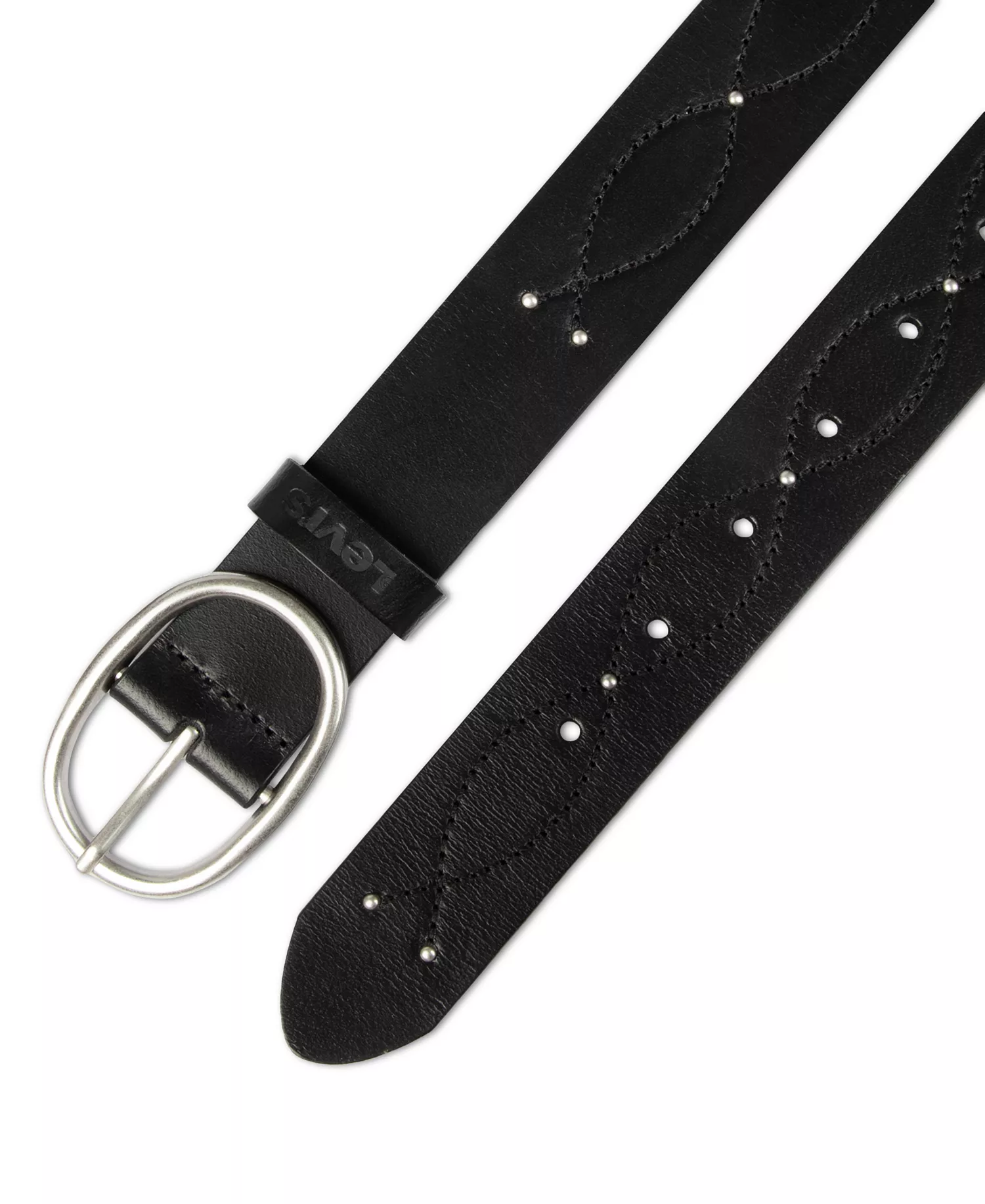 Western Stitched & Studded Leather Belt - Black - L