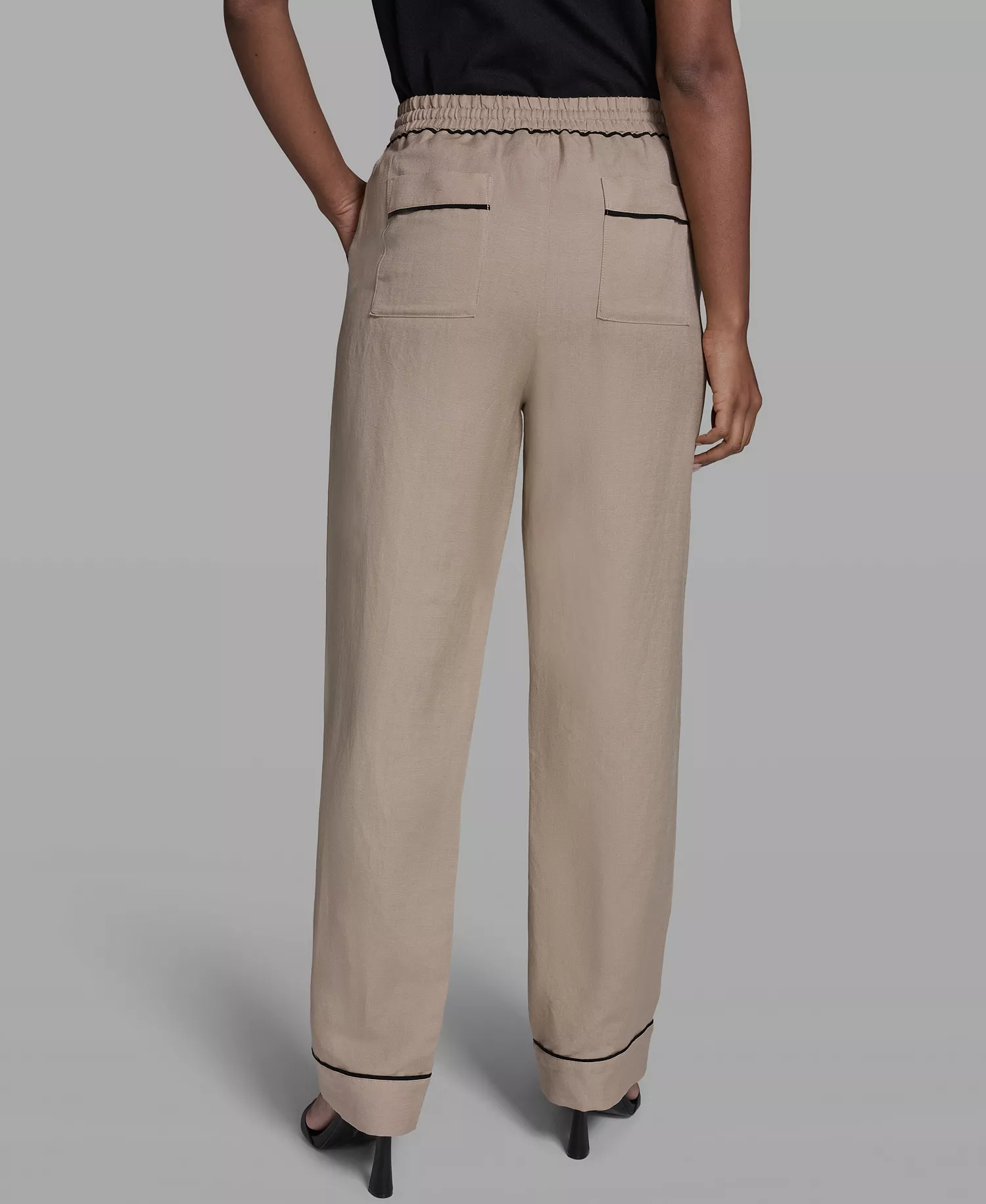 Women's Mid-Rise Contrast Trim Drawstring Pull-On Linen-Blend Pants - French Beige - L