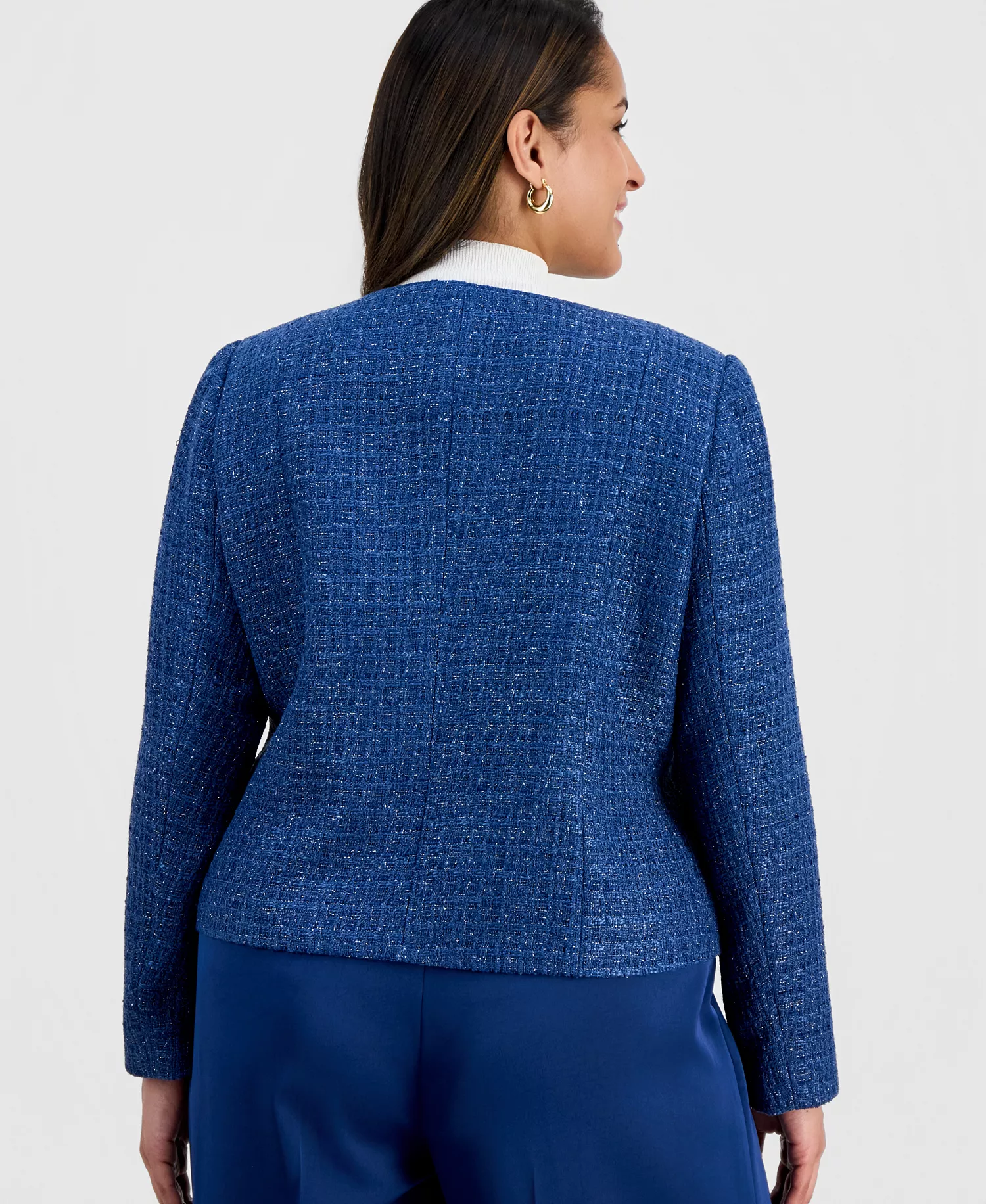 Plus Size Boucle-Knit Collarless Jacket  - Riverside Blue - 14W