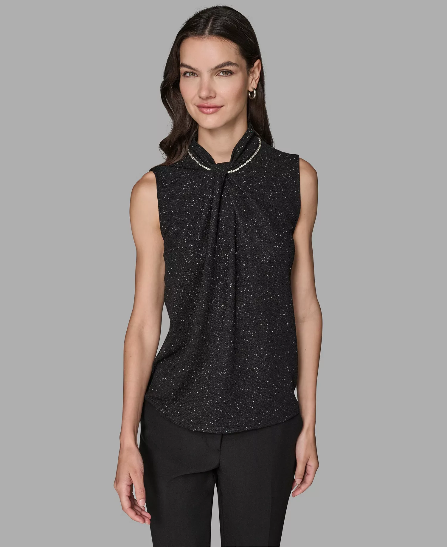 Women's Sleeveless Rhinestone-Collar Knit Top - Black - L