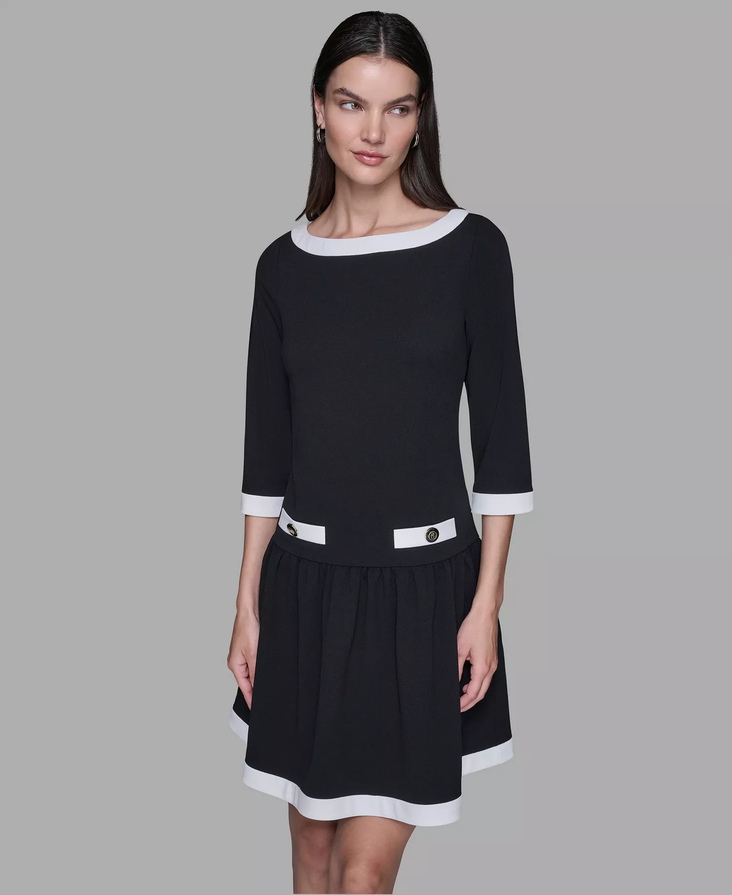 Women's Scuba Crepe Boat Neck A-Line Dress - Black/ Soft White - 10