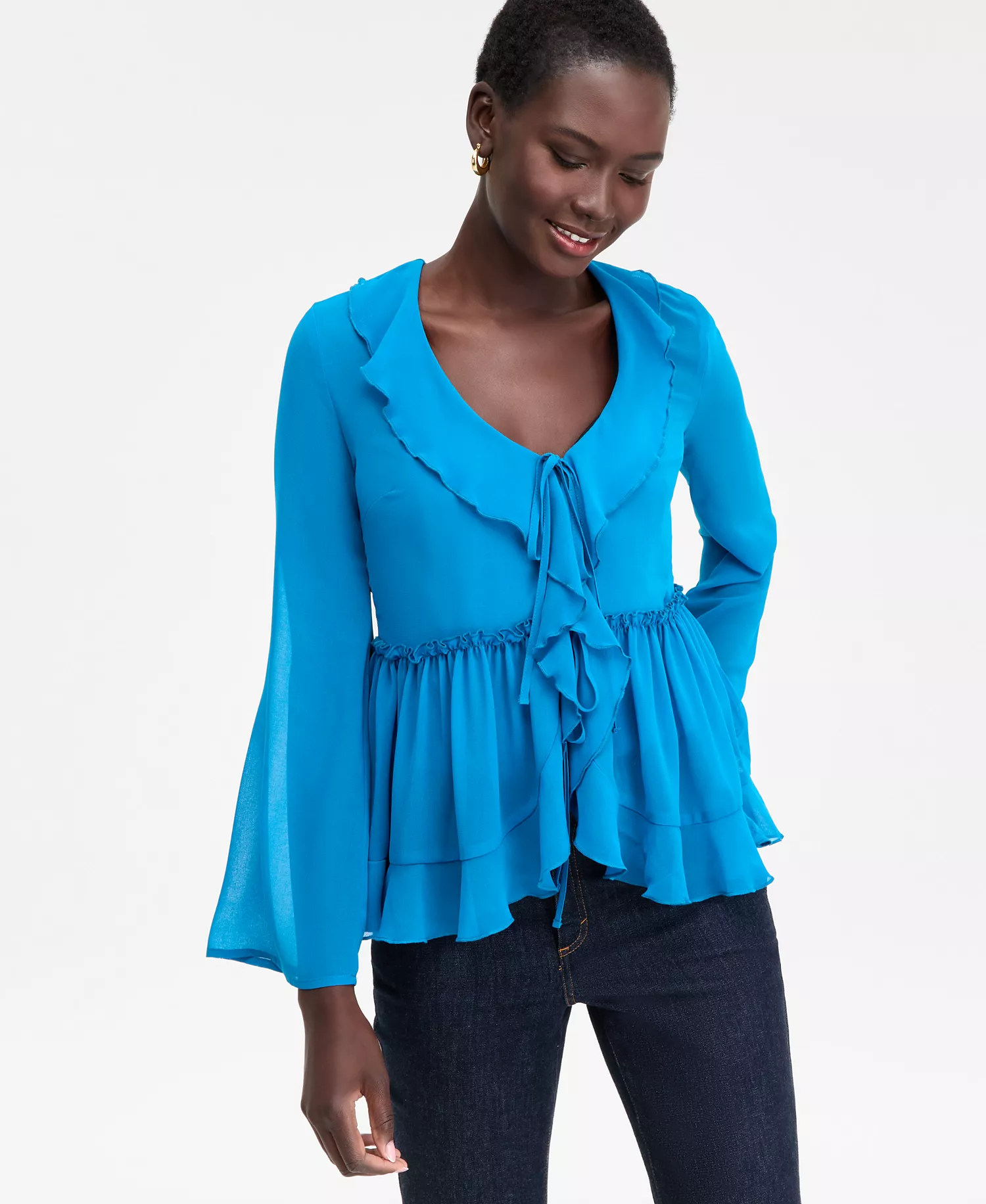 Women's Printed Ruffle-Collar Top, Macy's Exclusive - Bijoux Blu - L