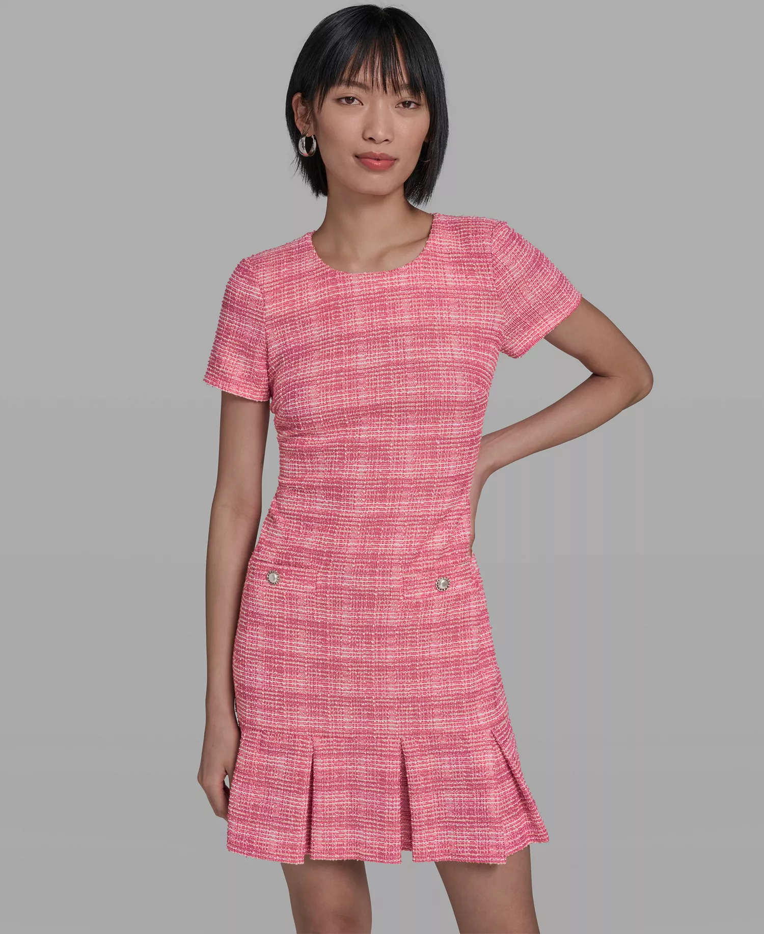 Women's Short-Sleeve Short Dress - Hot Pink/Soft White - 10