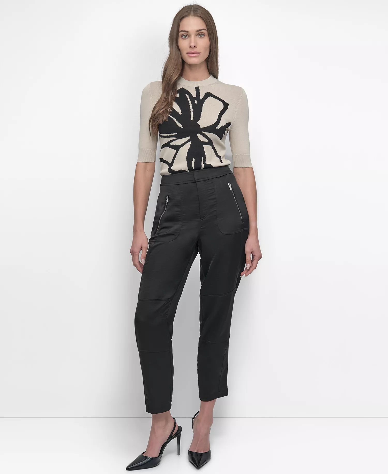 Women's Elastic Waist-Back Zipper Trousers - Black - L