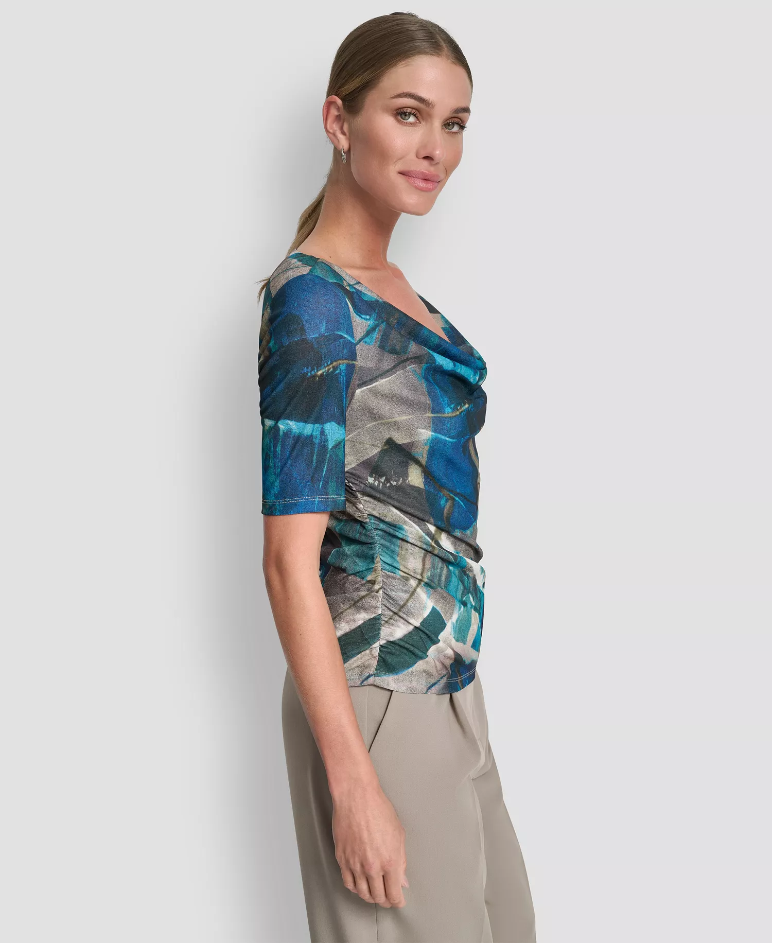 Women's Drape Neck Short Sleeve Top - City Taupe/ocean Blue Multi - S