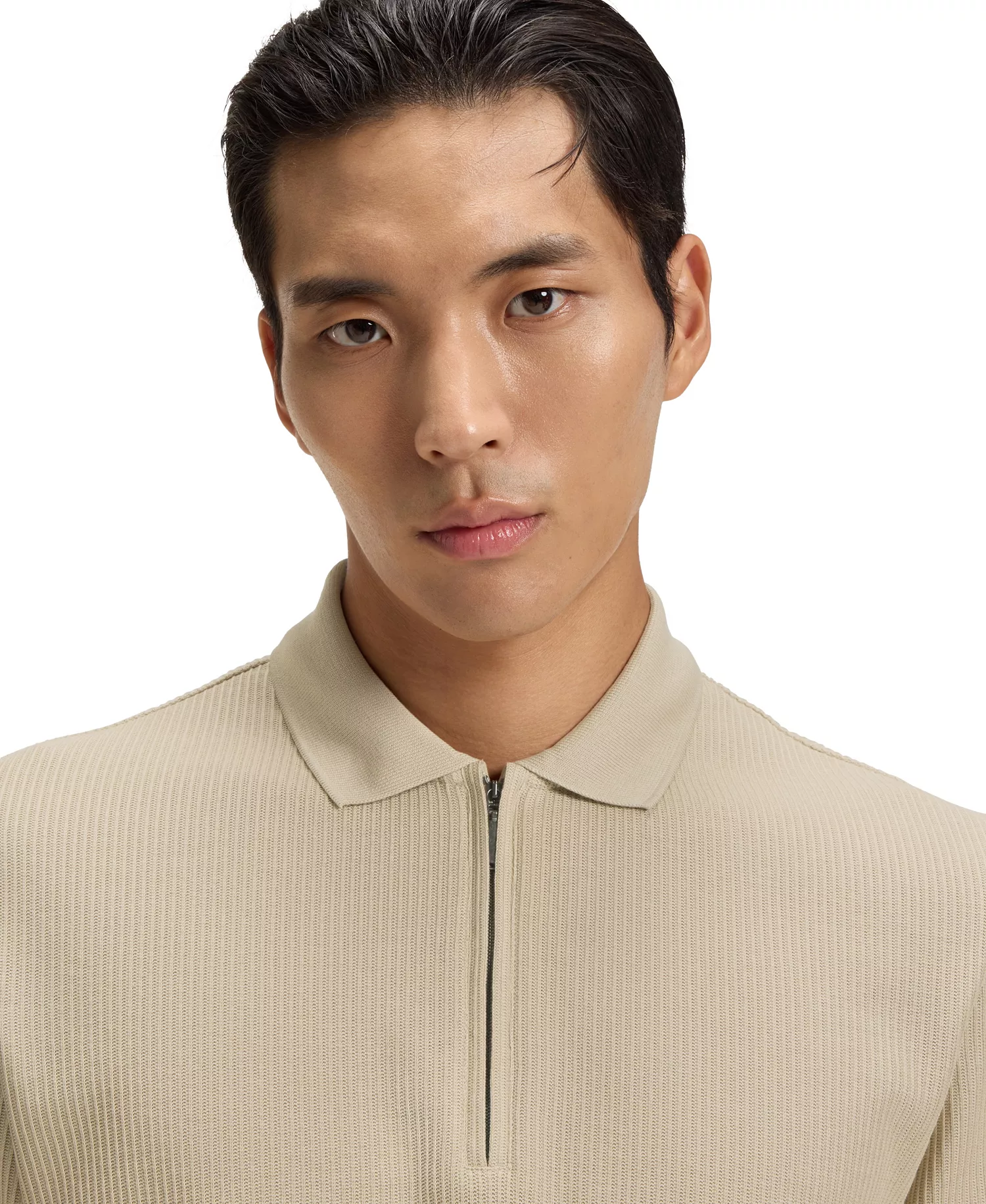 Men's Zip Placket Structured-Cotton Polo Shirt - Open Beige - 2XL