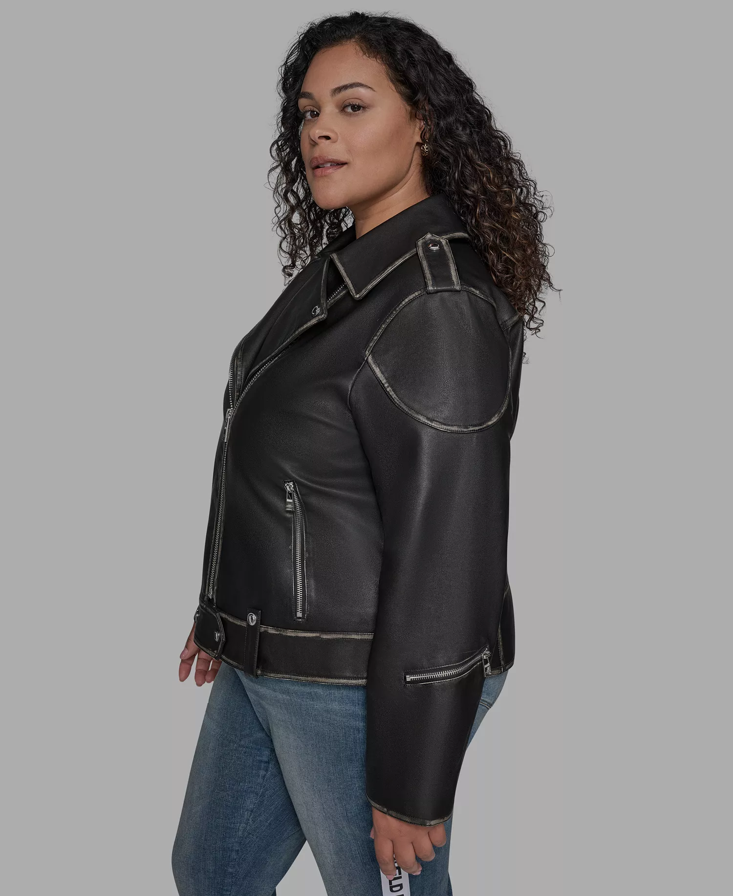 Plus Size Asymmetric Faux-Leather Belted Moto Coat - Black - 3X