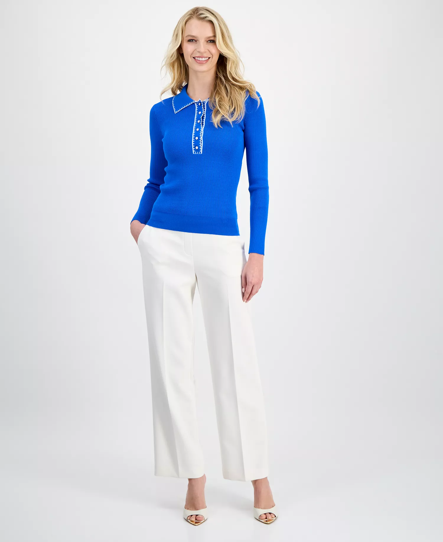 Women's Whipstitch Trim Ribbed Knit Sweater - Cobalt Stone With White - L