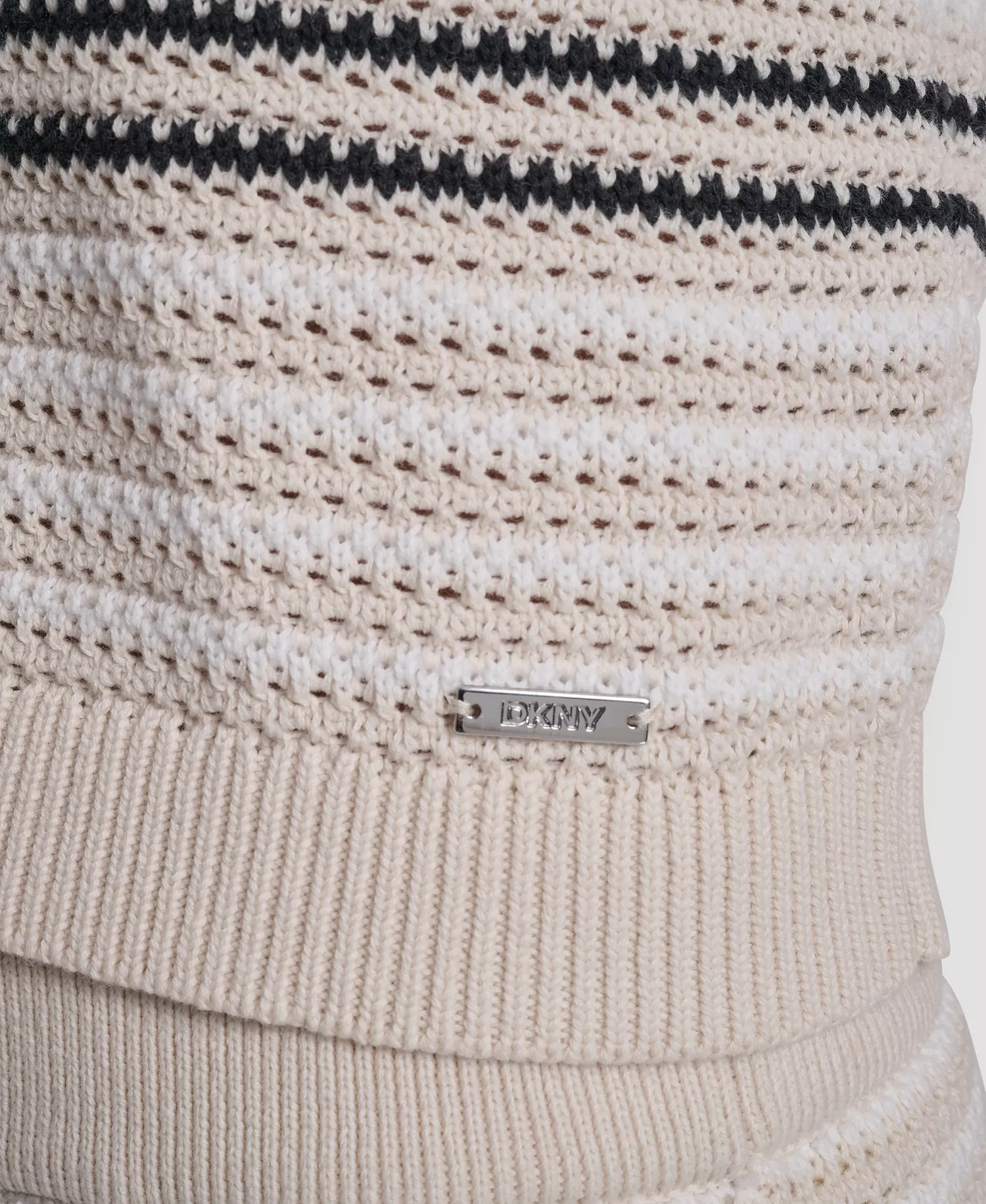 Women's Scoop Neck Striped Pointelle Sweater - Natural/ivory/black - L