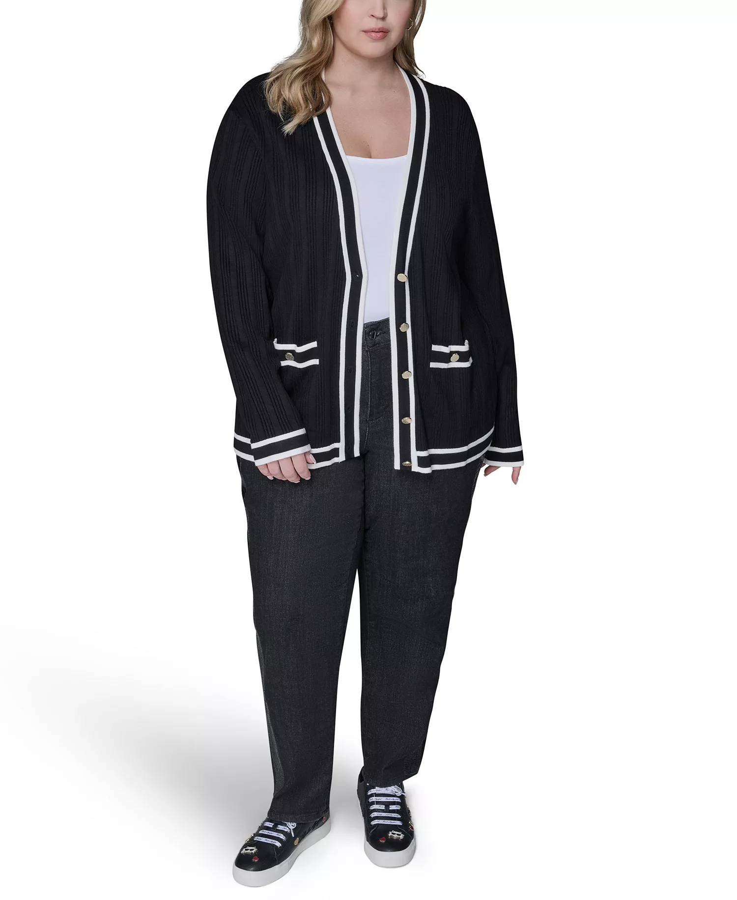 Women's Plus Size V-Neck Button Front Cardigan - Black - 0X