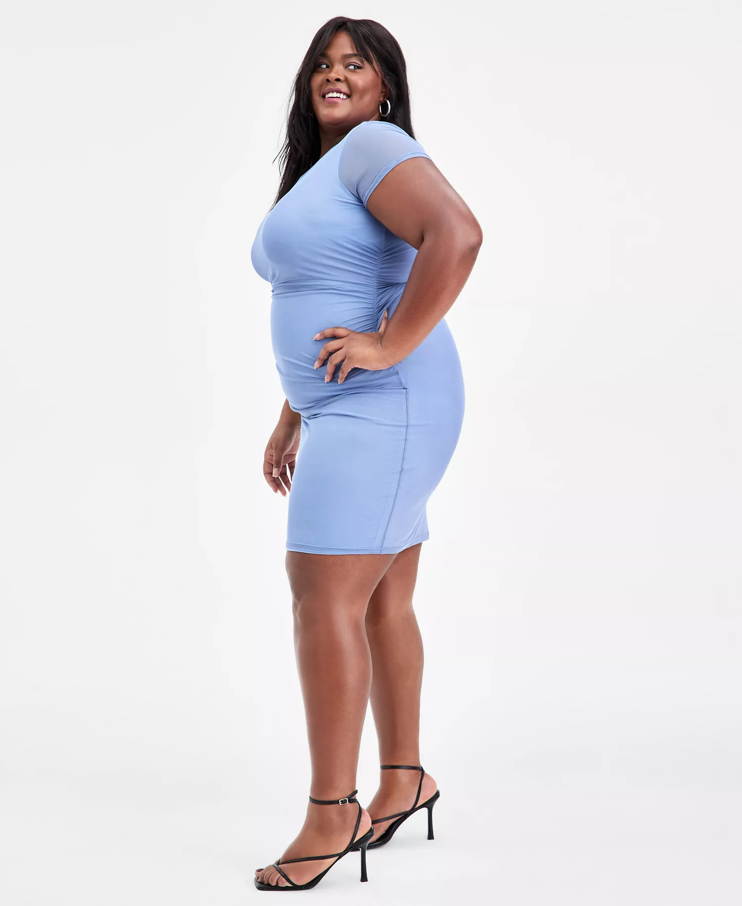 Trendy Plus Size Ruched Mesh Short-Sleeve Dress, Macy's Exclusive - Chambray - 0X
