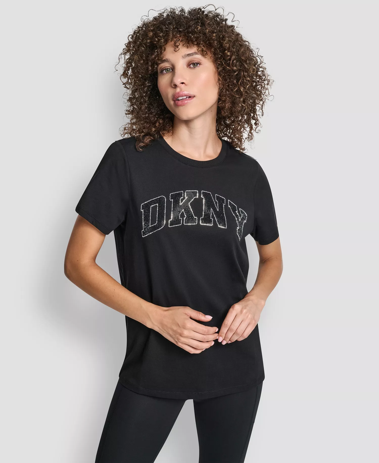 Women's Arched Exploded Rhinestone Crew Neck T-Shirt - Black/black - L