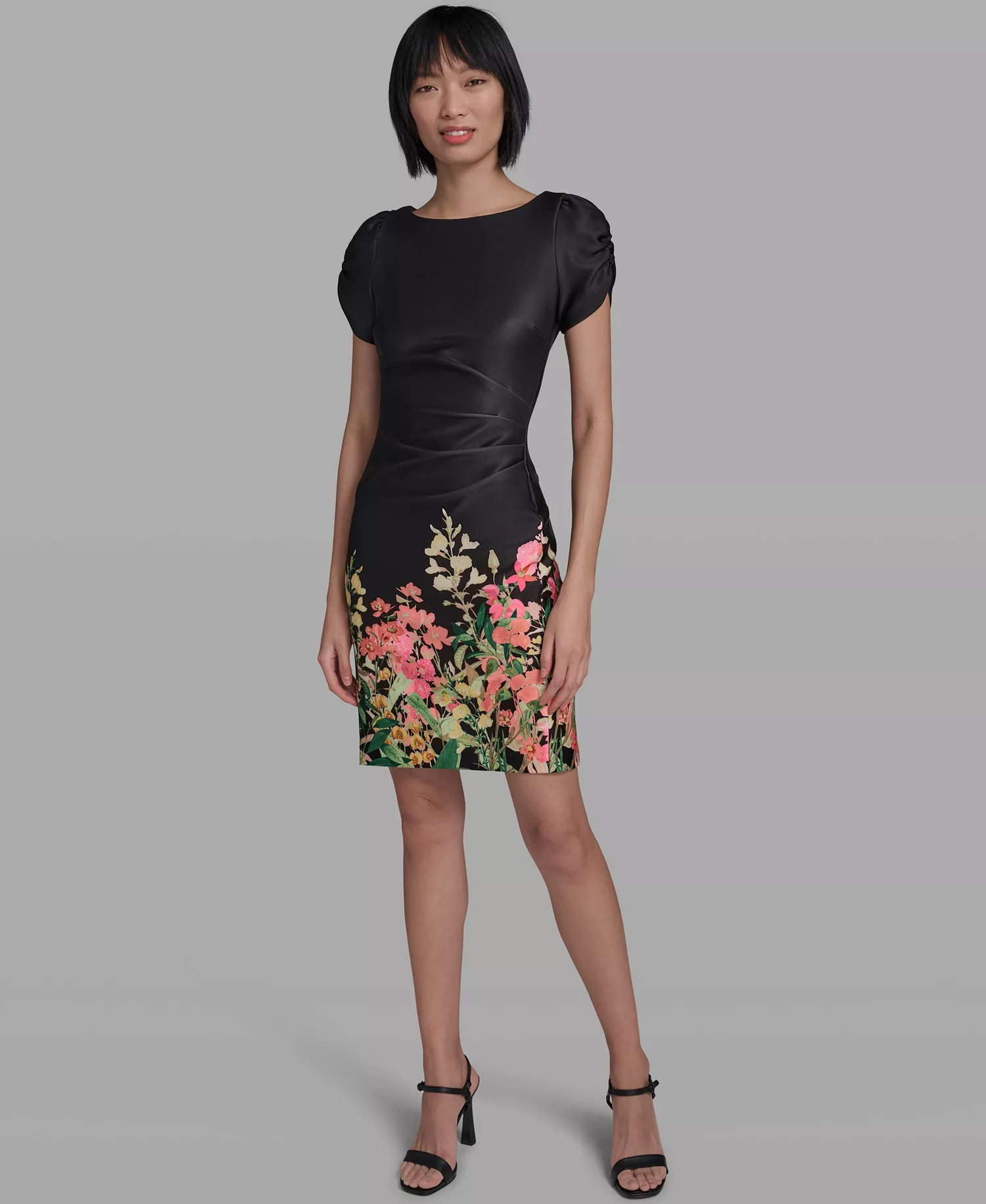 Women's Short-Sleeve Floral Border Hem Sheath Dress - Black Multi - 0