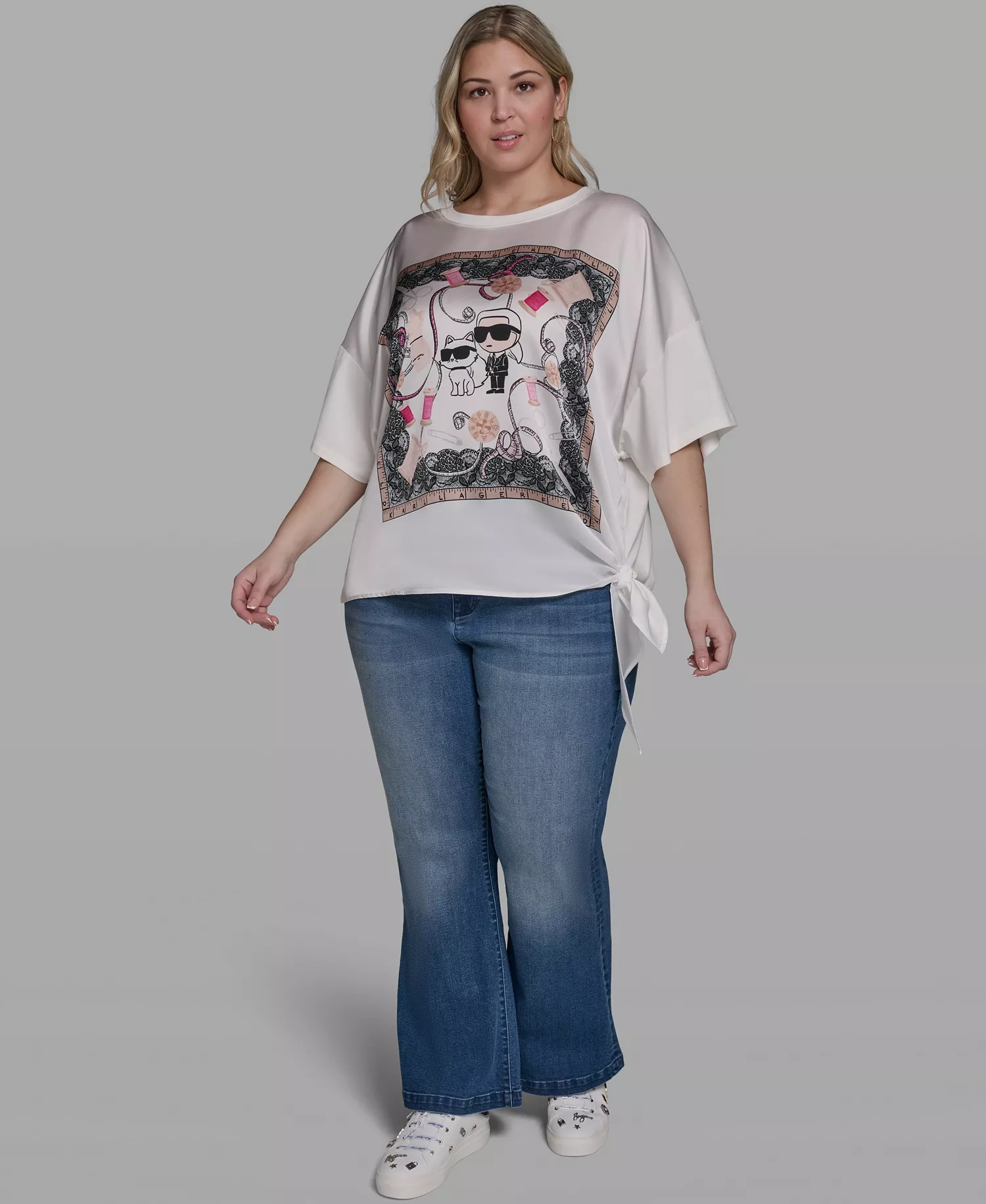 Plus Size Choupette & Karl Printed Boat Neck Top - Soft White - 0X