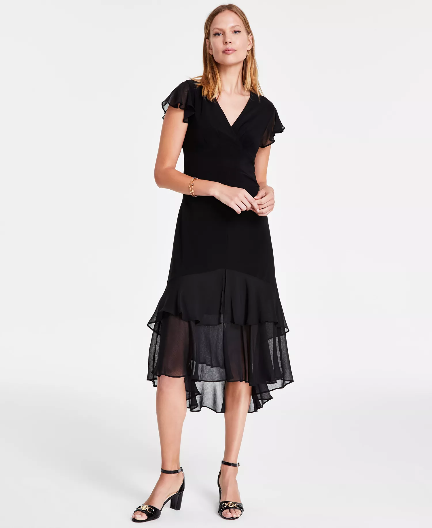 Women's V-Neck Chiffon-Trim Midi Dress with Flutter Sleeves - Black - 10
