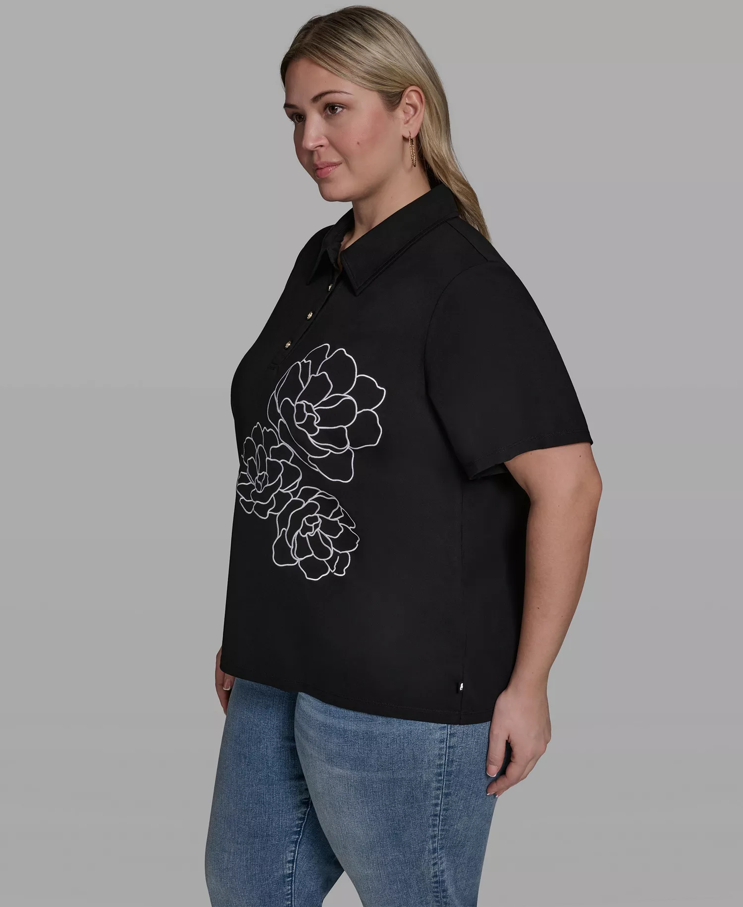 Plus Size Floral Polo Short-Sleeve Top - Black - 0X
