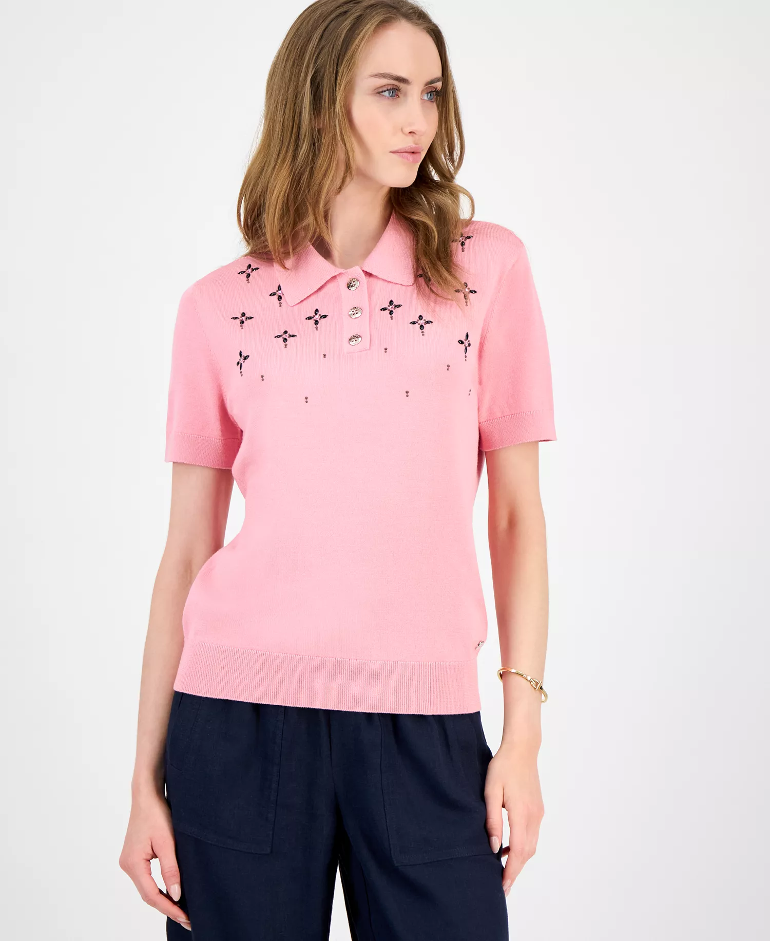 Women's Embellished Polo Sweater - English Rose - XS