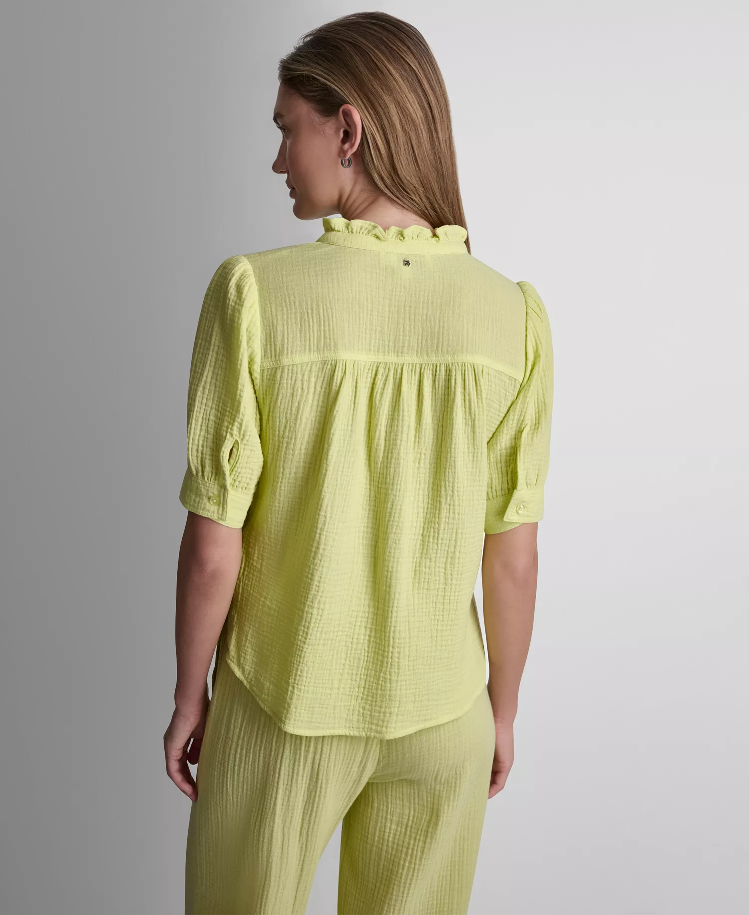 Petite Short Puff-Sleeve Button-Front Shirt - Lemon Light - PL
