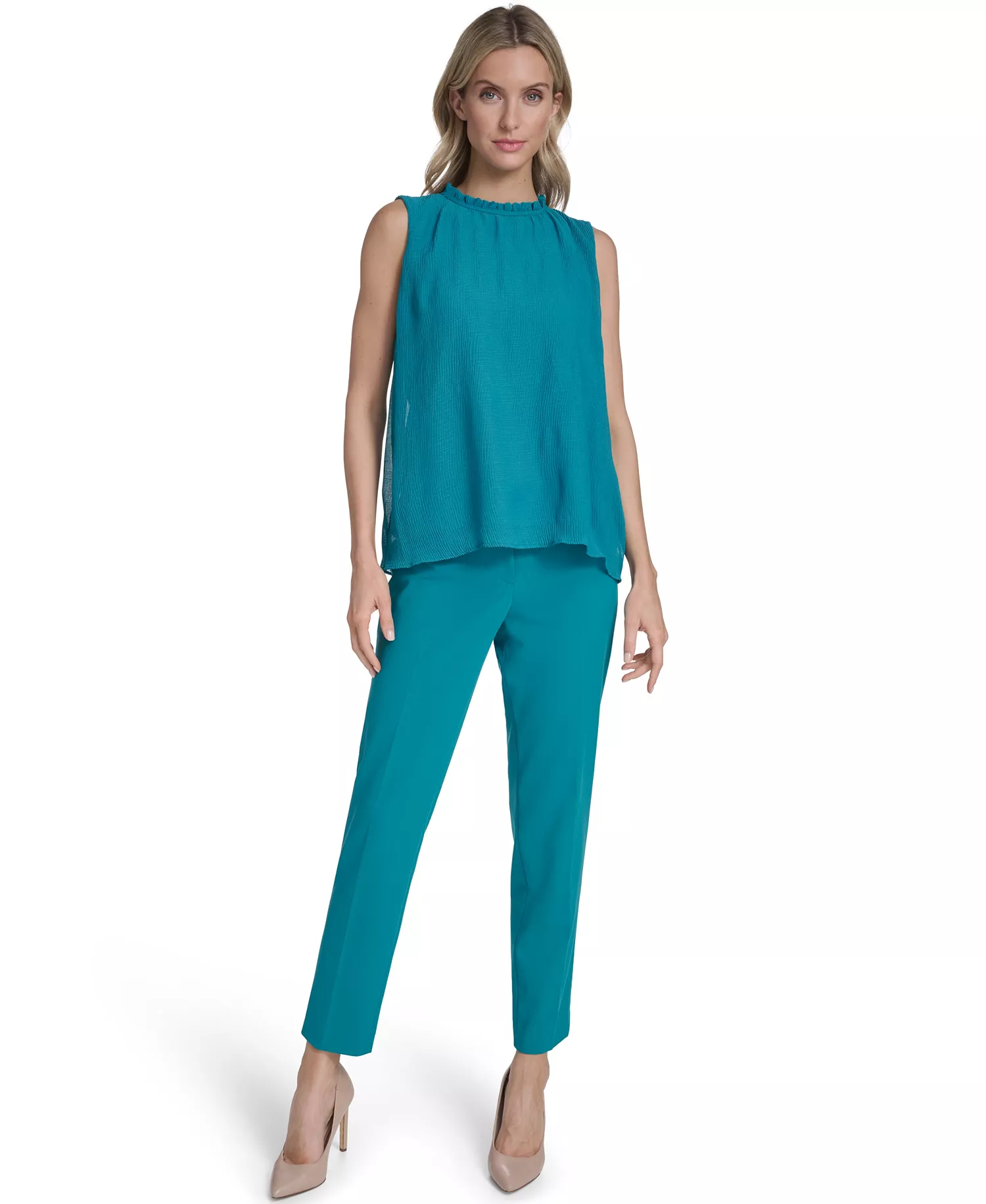 Women's Sleeveless Ruffle Neckline Top - Petrol - L