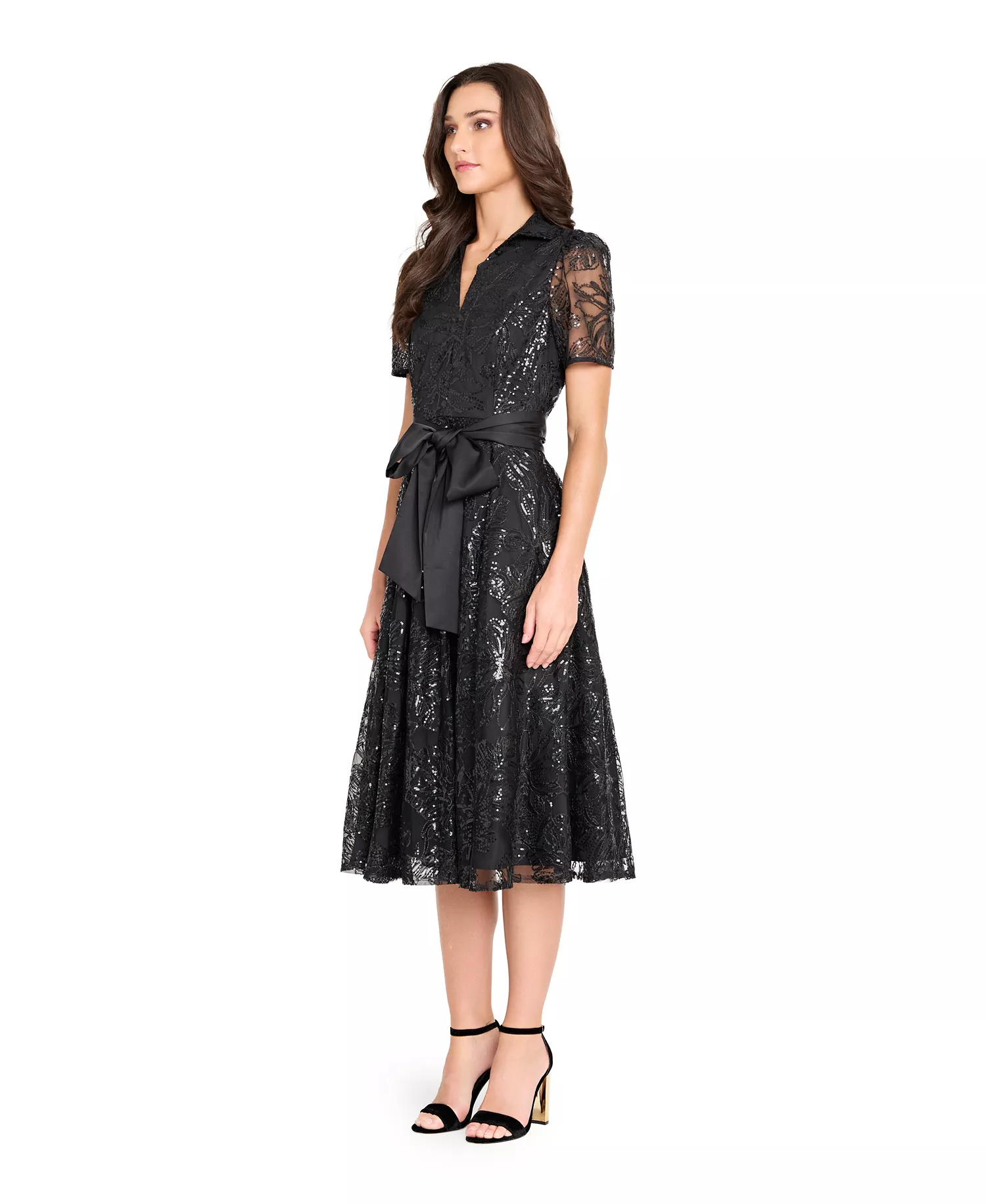 Women's Collared V-Neck Sequin Dress - Black - 10