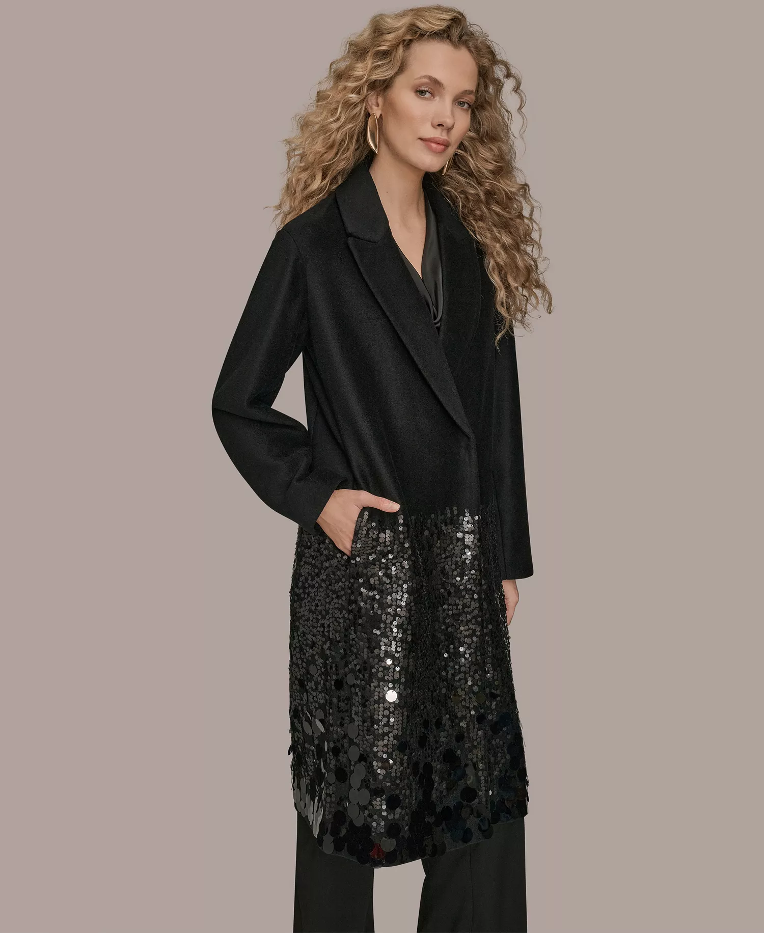 Women's Snap Closure Sequin Embellished Coat - Black - L