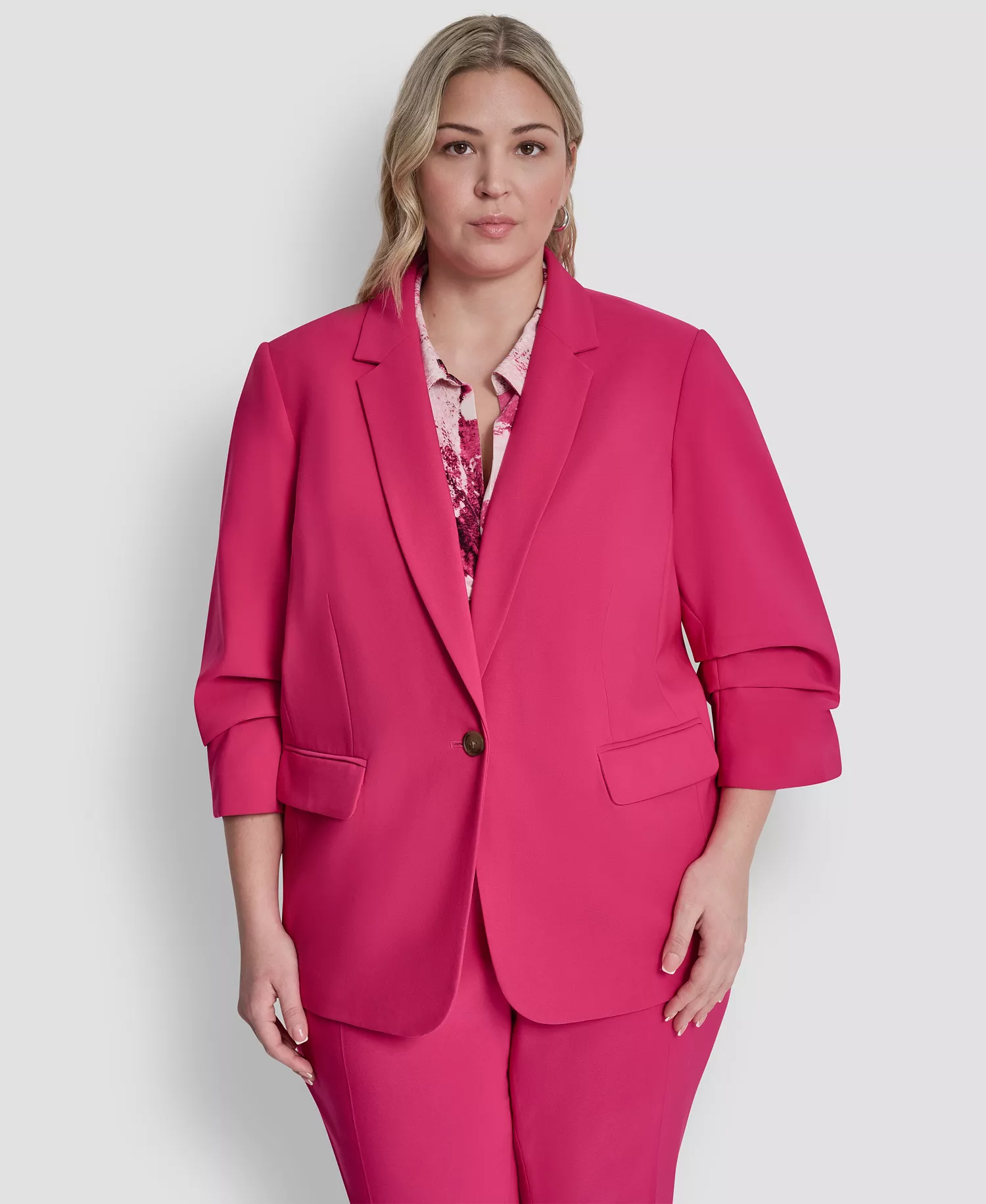 Plus Size 1-Button Ruched-Sleeve Blazer - Hot Pink - 14W