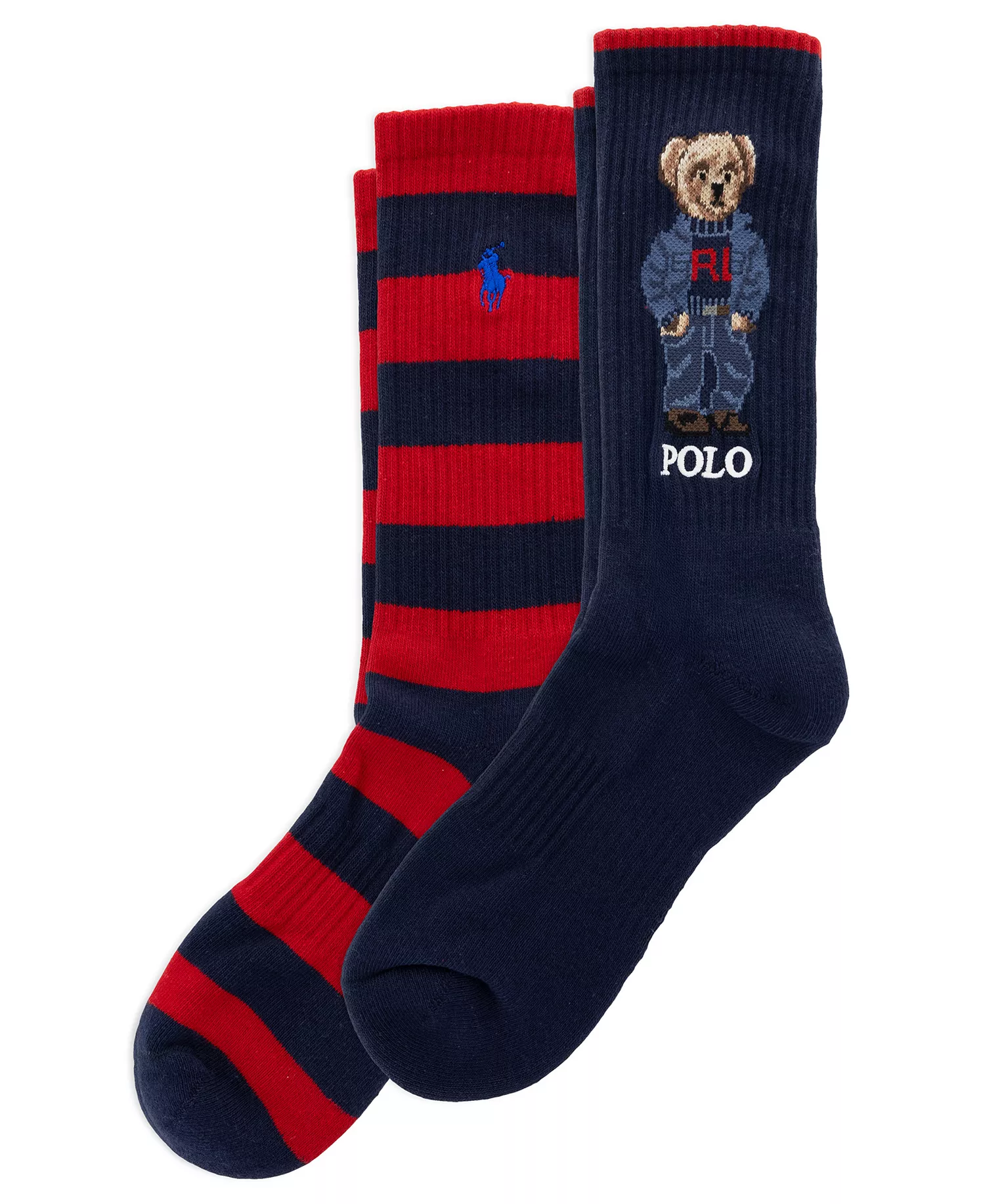Men's Denim Bear and Stripe Crew Socks, 2-Pack - Navy/Red - 10-13
