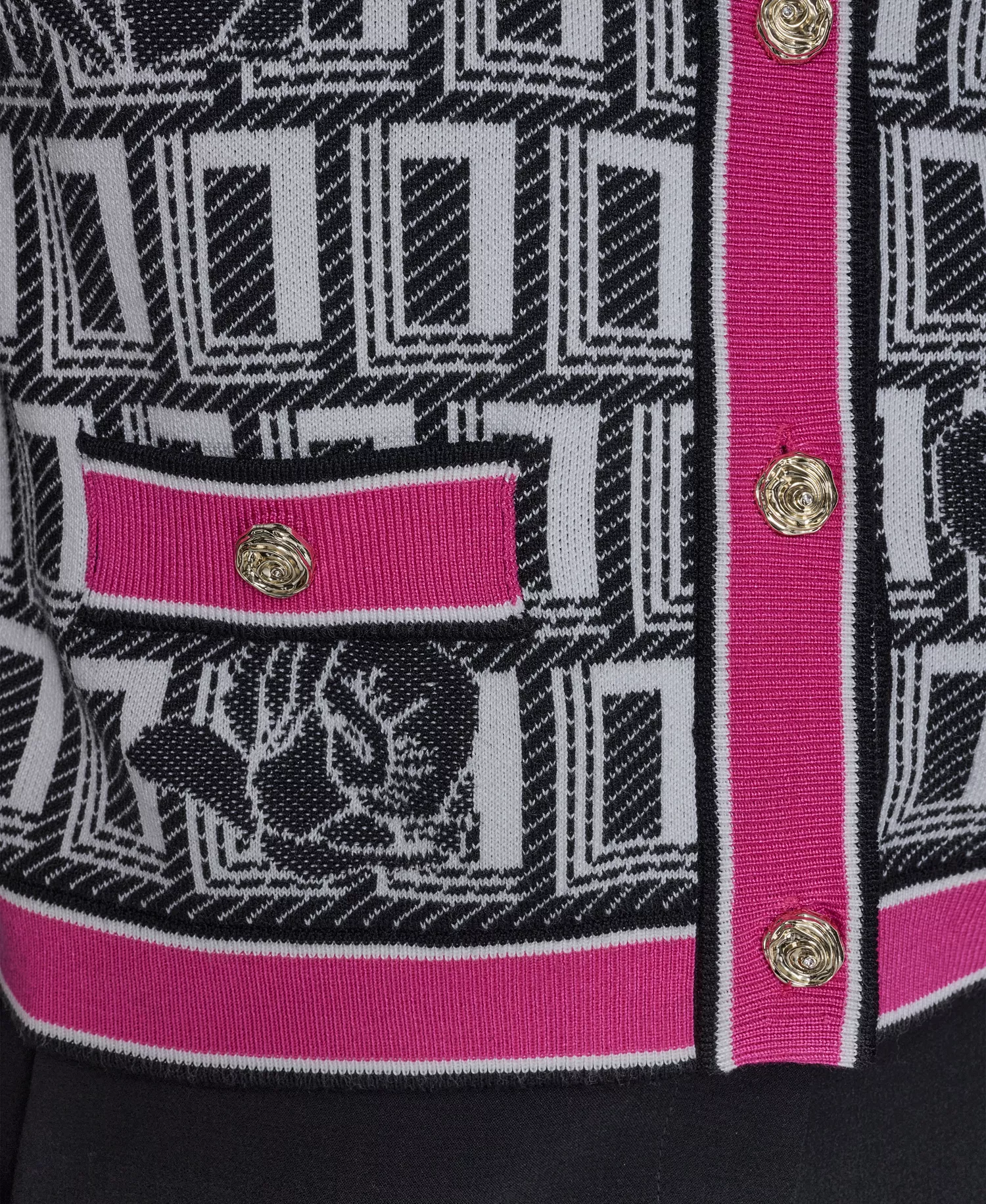 Women's Crew Neck Button-Front Sweater - Soft White/black/paris Pink - L