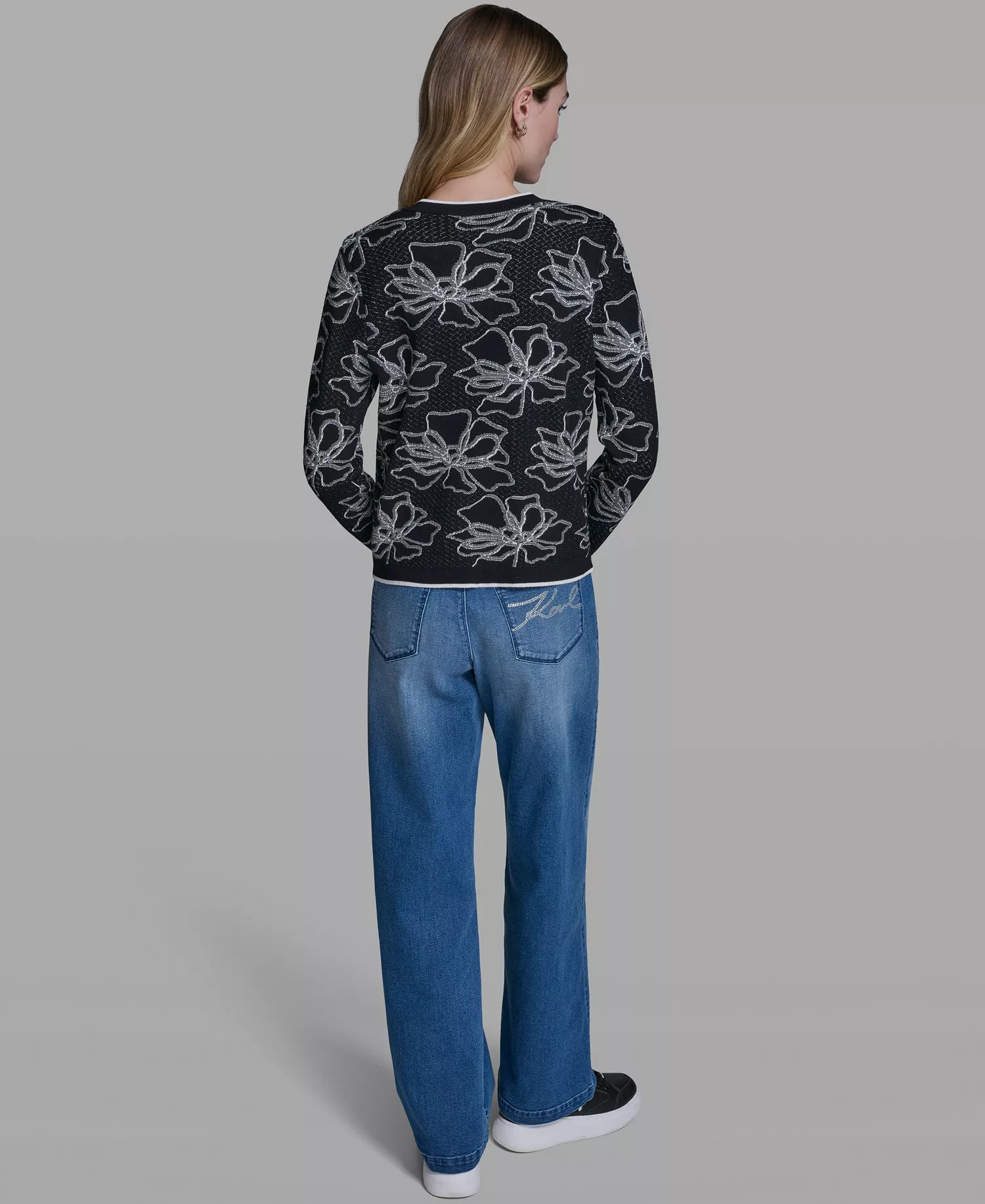 Women's Flower Embroidered Cardigan Sweater - Black/soft White - L