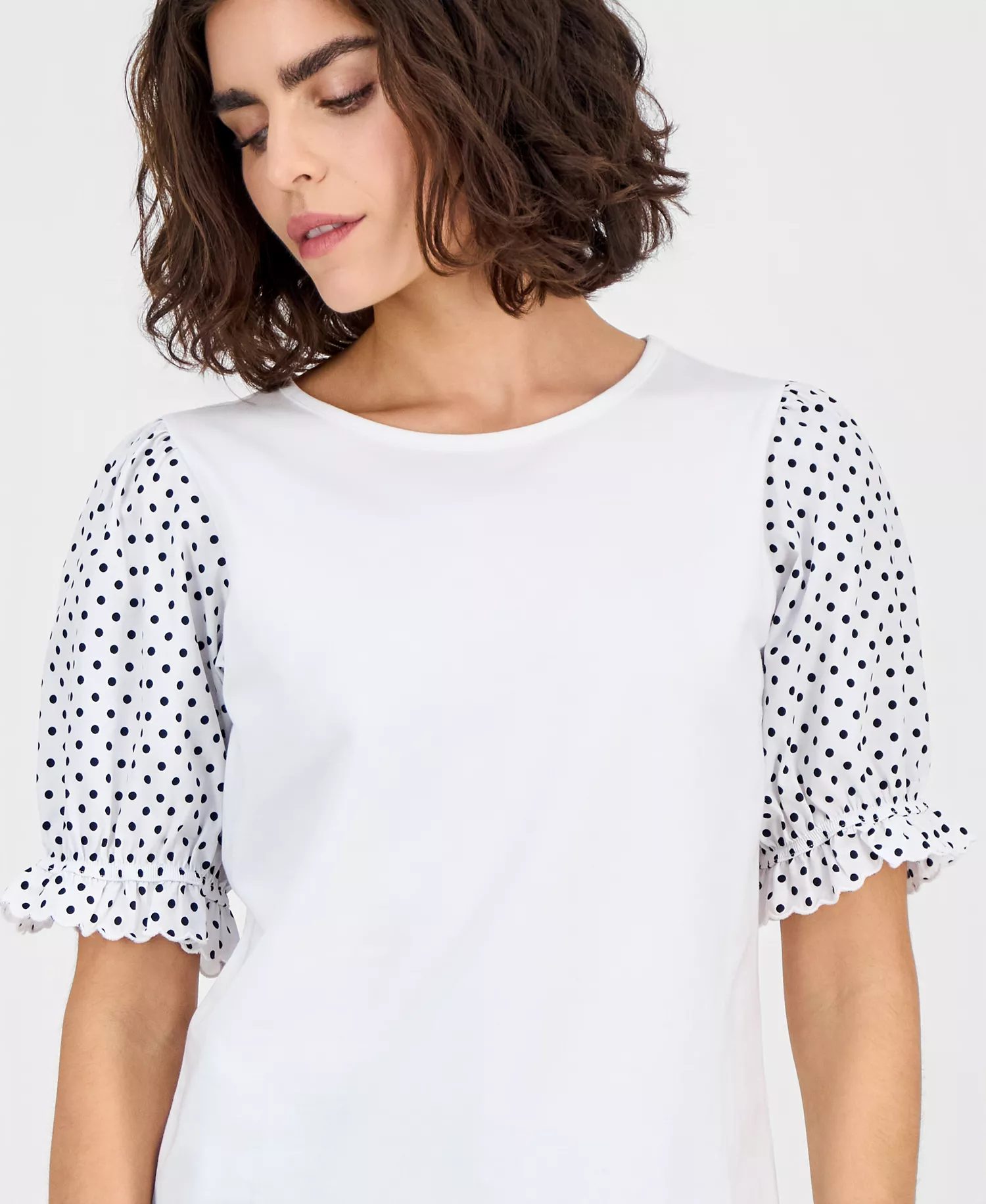 Nautica Women's Round-Neck Contrast-Puff-Sleeve Top - Bright White - L