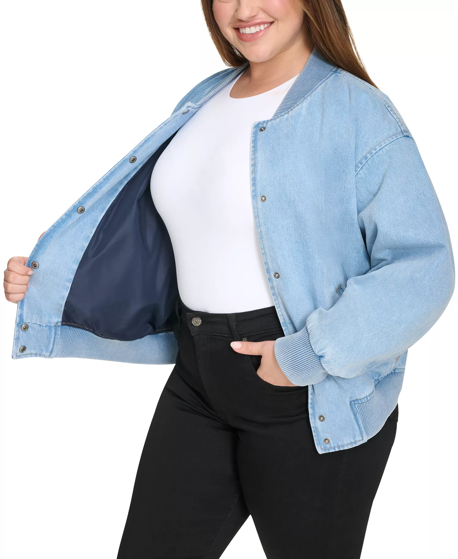 Plus Size Varsity Cotton Denim Bomber Jacket - Light Wash Denim - 1X