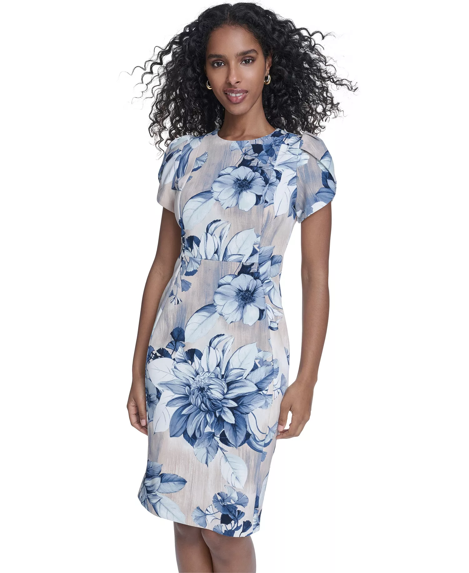 Women's Printed Tulip Short-Sleeve Sheath Dress - Indigo Multi - 10