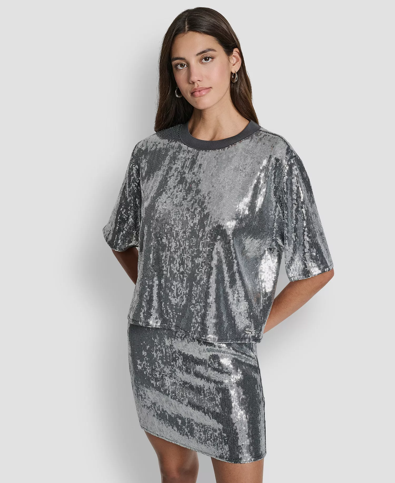 Women's Sequins Crewneck Boxy Short-Sleeve Relaxed T-Shirt - Black/Silver - L