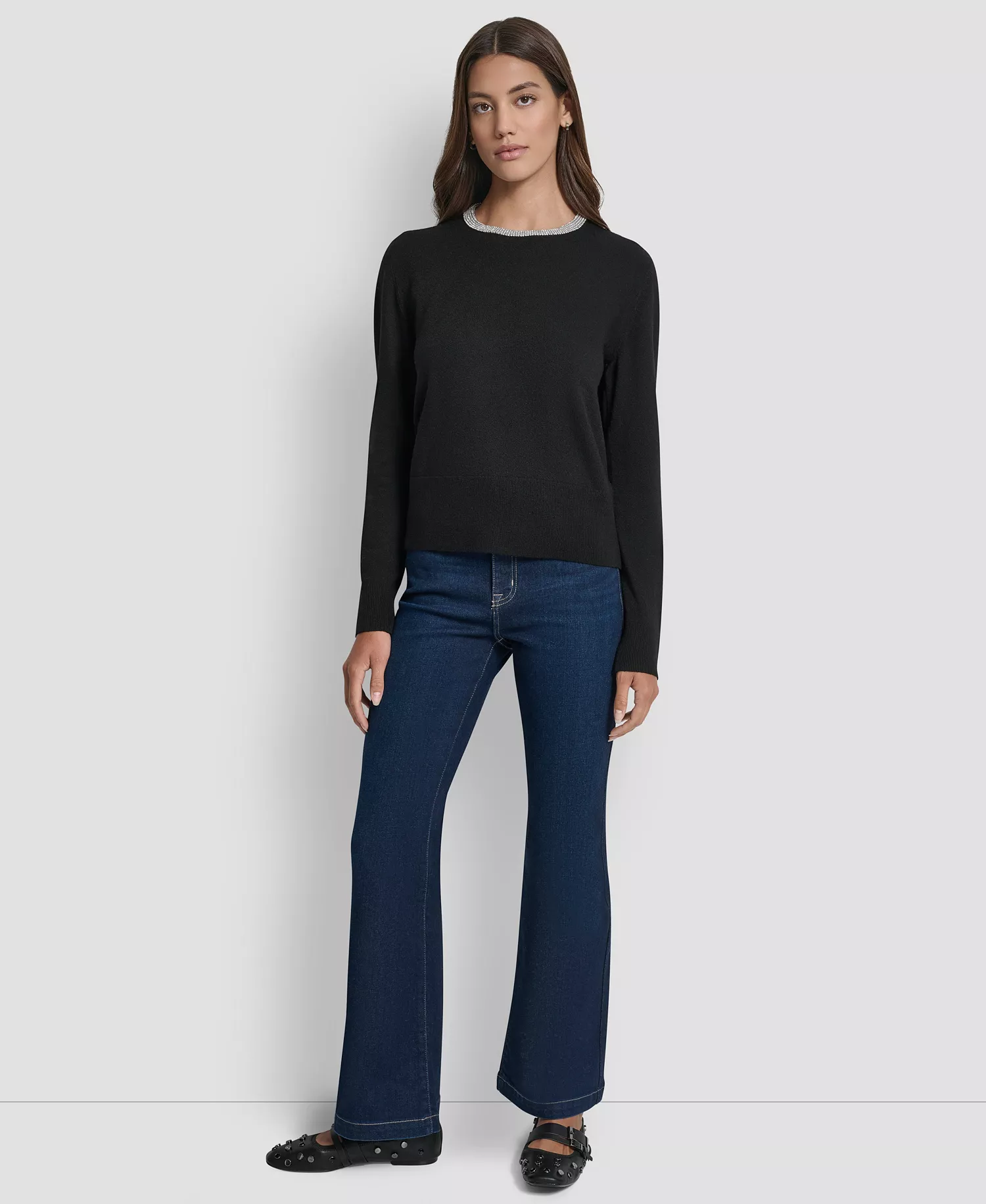 Petite Embellished Trim Sweater Top  - Black - P/XS