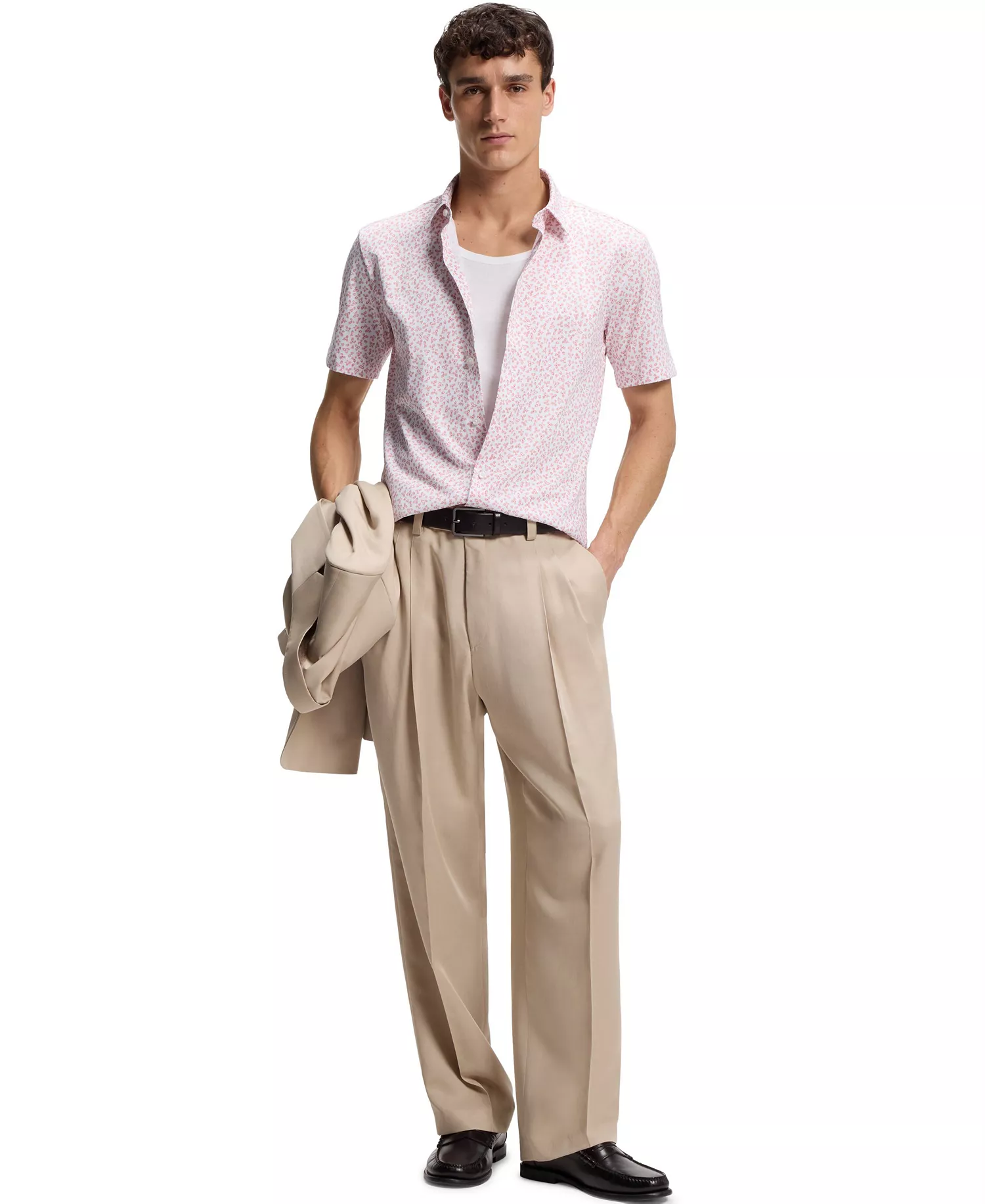 BOSS by Men's Printed Cotton-Blend Jersey Slim-Fit Shirt - Open Pink - L