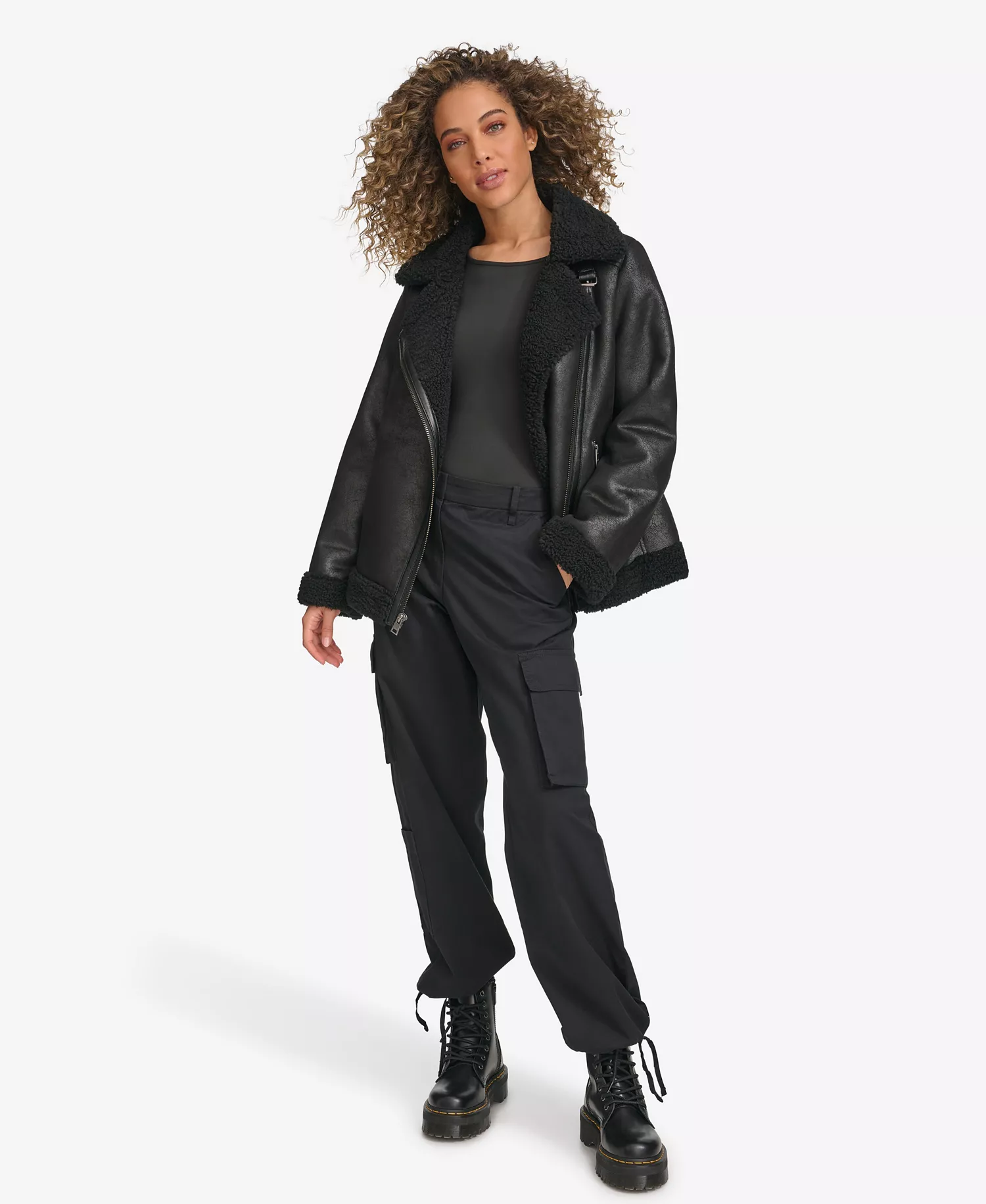 Women's Faux Shearling Asymmetrical Moto Jacket - Black - L